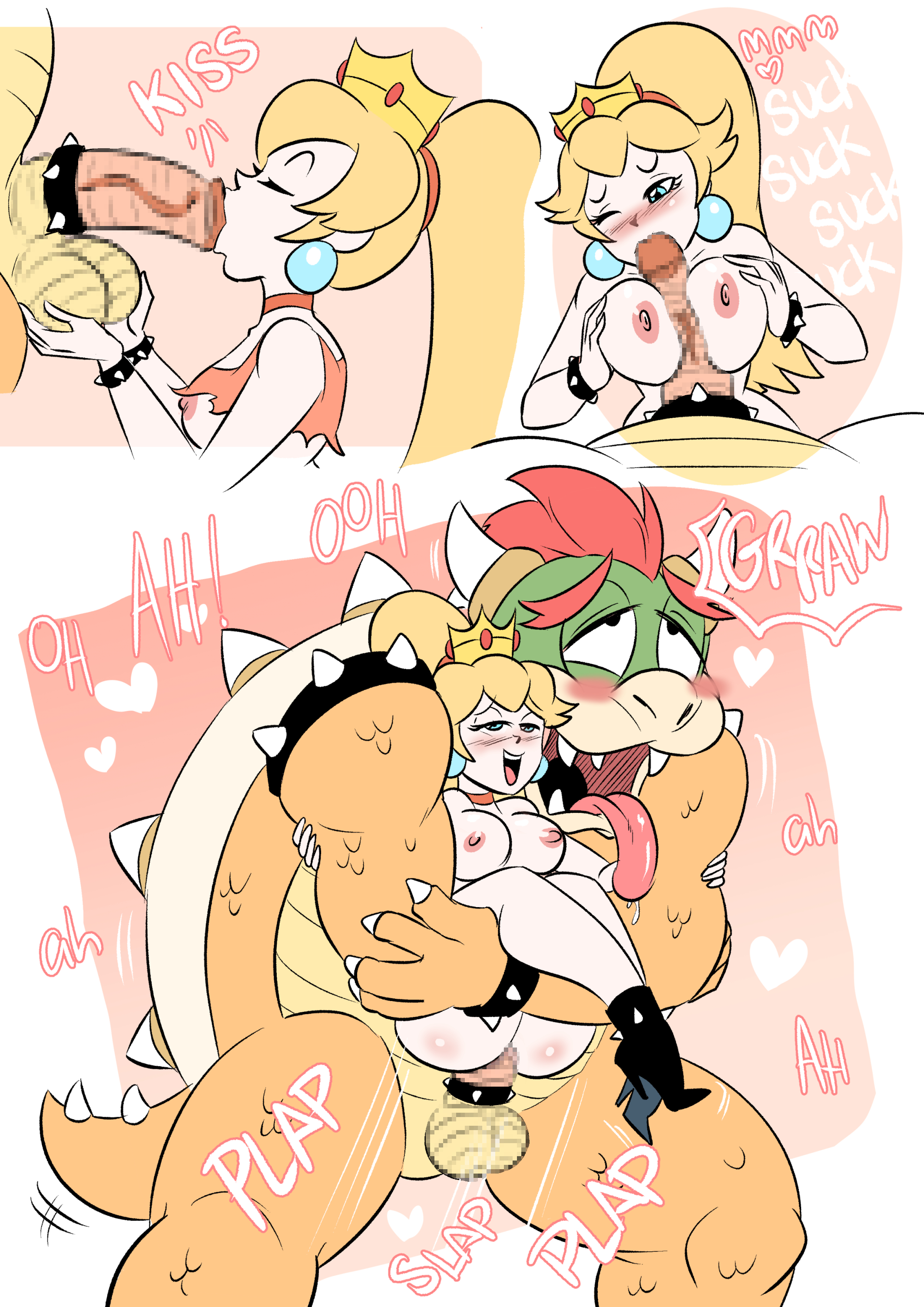 1boy, 1girls, balls, big breasts, blonde hair, blowjob, blue eyes, bowser, breasts, censored, cleavage, comic, consensual, couple, fellatio, female, funsexydragonball, half-closed eyes, happy sex, heart, hearts, interspecies, male, mario (series), monster, nintendo, nipples, paizuri, penis, ponytail, princess peach, romantic, romantic sex, sex, simple background, size difference, solo focus, standing, testicles, text, tied hair, vein, veiny penis