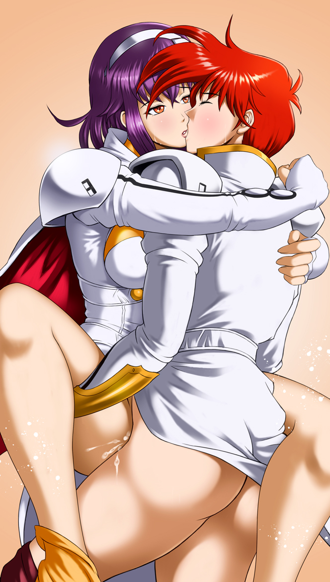 1boy 1girls cum futuristic_clothing hetero heterosexual kissing lambda_(langrisser) langrisser langrisser_v missionary_position penetration purple_hair red_hair sex sigma_(character)