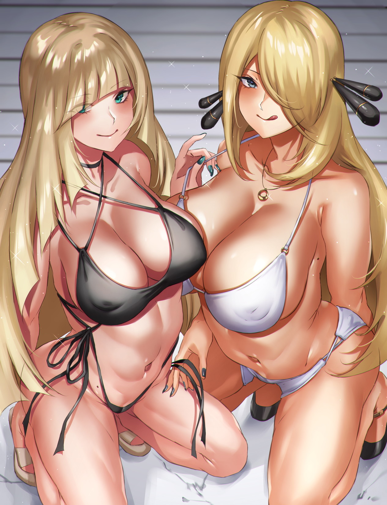 2girls, alternate breast size, big breasts, bikini, black nails, blonde hair, blush, breasts, cynthia (pokemon), eye contact, female, green nails, hikari (komitiookami), huge breasts, long hair, looking at viewer, lusamine (pokemon), mature female, milf, nail polish, nintendo, nipple bulge, pokemon, pokemon champion, pokemon dppt, pokemon sm, samina (pokemon), squatting