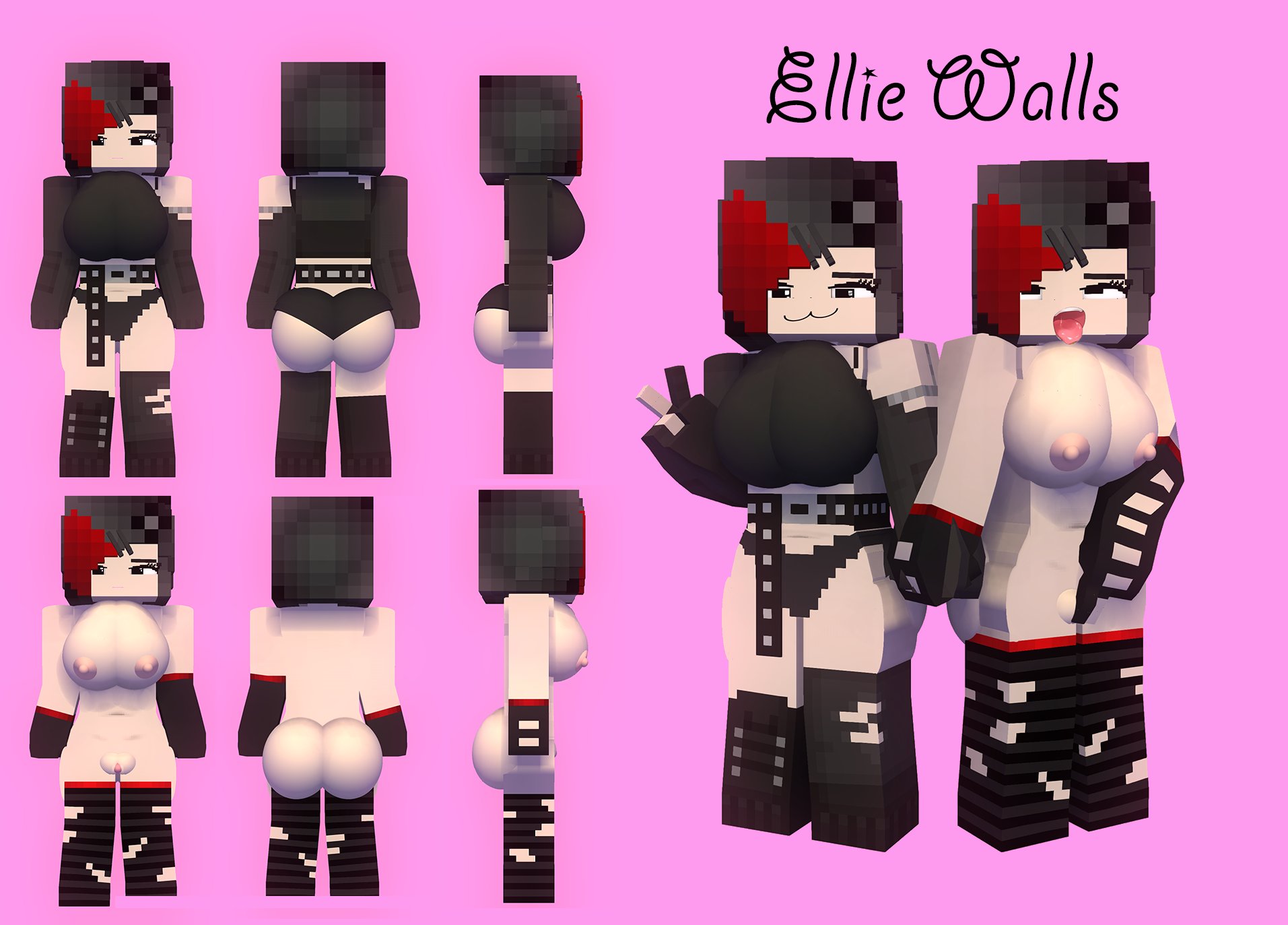 1girls, 3d, ahegao, big breasts, black and red hair, black hair, black stockings, breasts, character, commission, ellie walls (odysseyellie), emo, female, female only, goth, goth girl, horny, horny female, human, humanoid, mine-imator, minecraft, multicolored hair, nonude, nude, odysseyellie, solo, spiked hairband, tagme