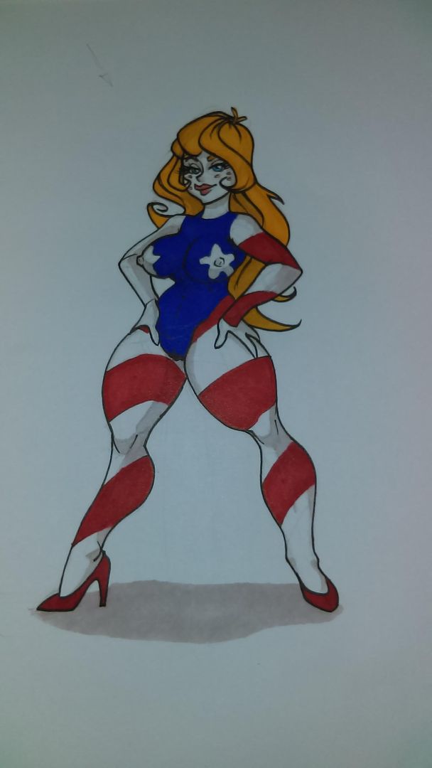 american_flag big_thighs blonde_hair coonskin miss_america_(coonskin) smile standing thighs