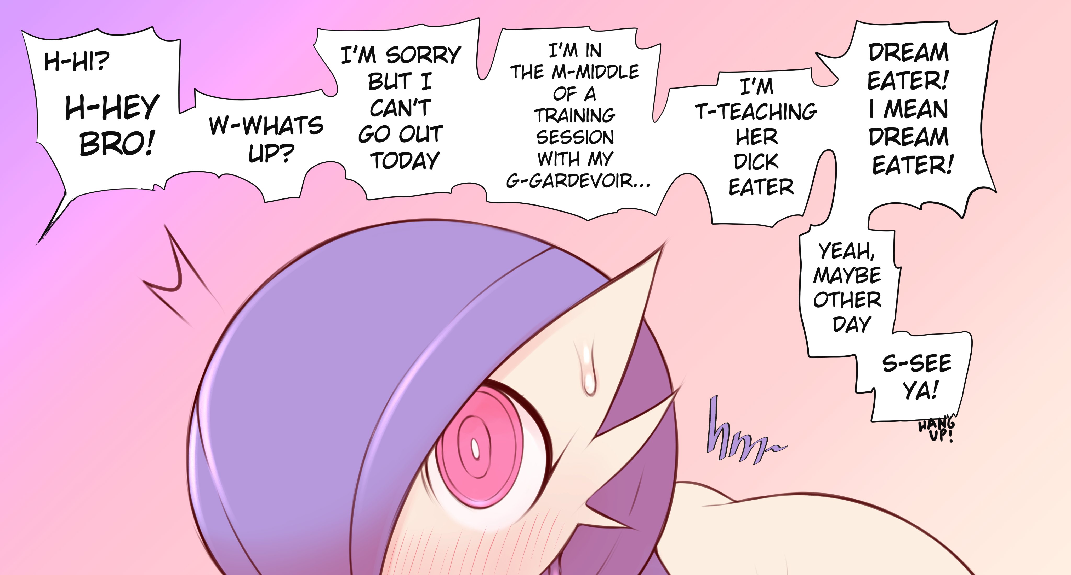 2boys, anthro, blue hair, blush, convenient censoring, english text, femboy, gardevoir, gay, human, human penetrating, implied oral, implied sex, male, male gardevoir, male only, pointy ears, pokémon (species), pokemon, pokemon (species), pokemon rse, pokephilia, saltyxodium, short hair, text, text bubble, trap, white body, white skin, yaoi