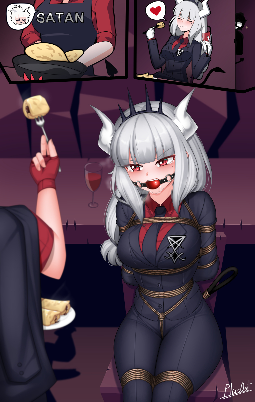 2girls, ball gag, bondage, clothed, comic, crown, crying, crying with eyes open, demon, demon girl, demon horns, demon tail, drooling, eating, eating food, female, gag, helltaker, helltaker (character), justice (helltaker), lucifer (helltaker), multiple females, multiple girls, pancake, plusout, rope, rope bondage, rope harness, tied up, white hair, wine, wine glass