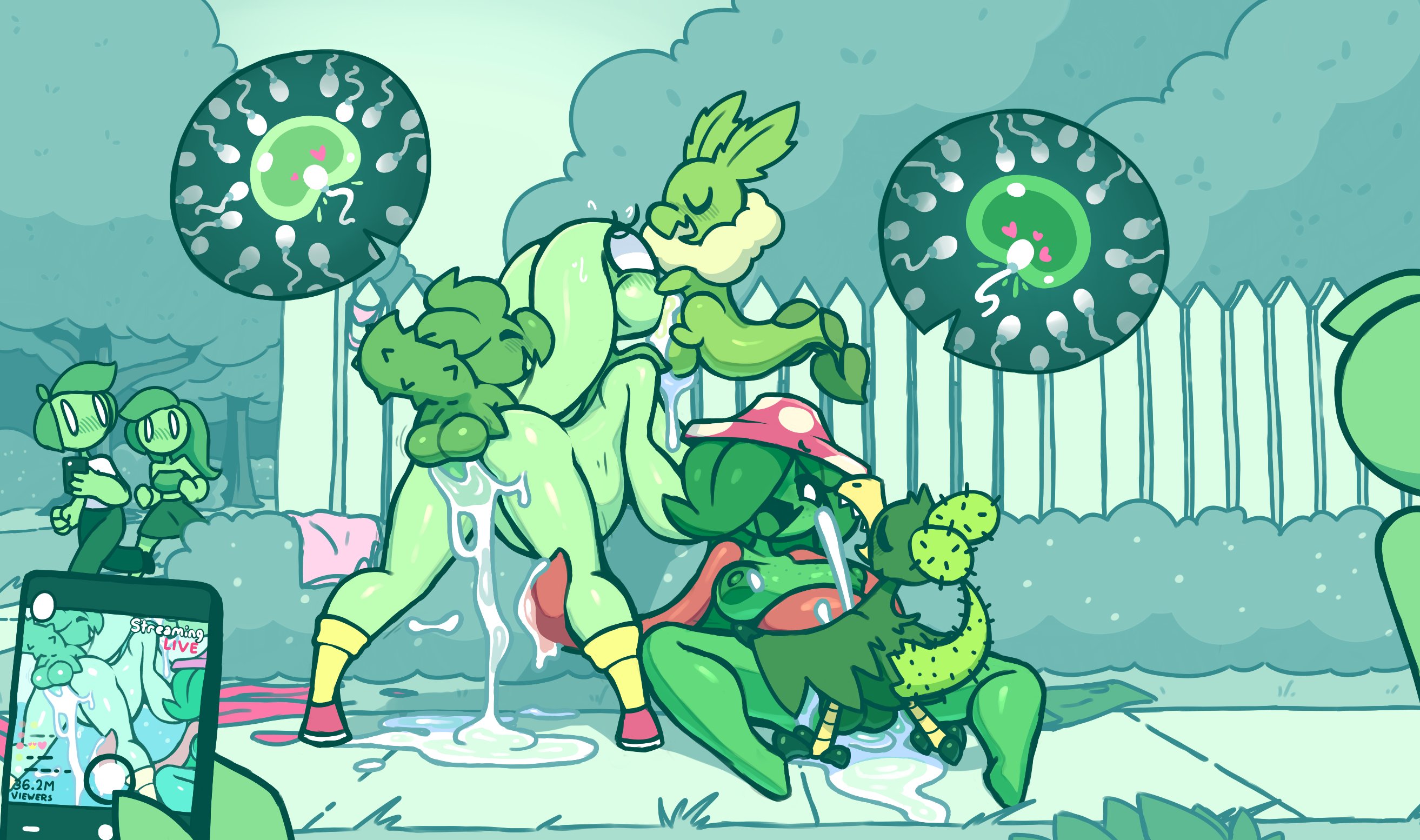 2021, 2girls, anthro, balls, bella (screwroot), blush, breasts, bush, bushes, cum, cum in mouth, cum in pussy, cum inside, cumming, destroyed clothing, digital media (artwork), discarded clothing, embarrassed, enoki (vonjungle), exhibitionism, exposure, female, female penetrated, female/female, flora fauna, forced exposure, from behind, impregnation, internal, internal view, livestream, male, male/female, naked, nervous, nude, nude female, open mouth, oral, oral penetration, ovum, penetration, penis, phone, phone screen, plant, pot (vonjungle), public nudity, public sex, pussy, recording, screwroot, sex, sperm cell, spread legs, streaming, tapering penis, vagina, vaginal penetration, x-ray, zoophilia