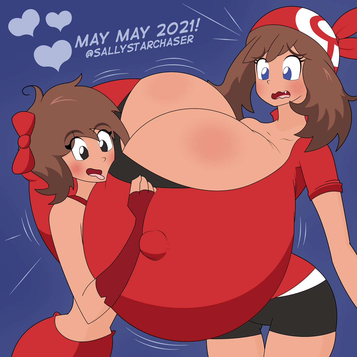 alternate breast size, big breasts, big nipples, breast expansion, breast grab, breast growth, breast growth (enlargement), breast squish, breasts, clothed, cute, enormous breasts, female, gigantic breasts, huge breasts, human, hyper, hyper breasts, large breasts, massive breasts, may (pokemon), nintendo, pokemon, sally starchaser, sally starchaser (character), top heavy