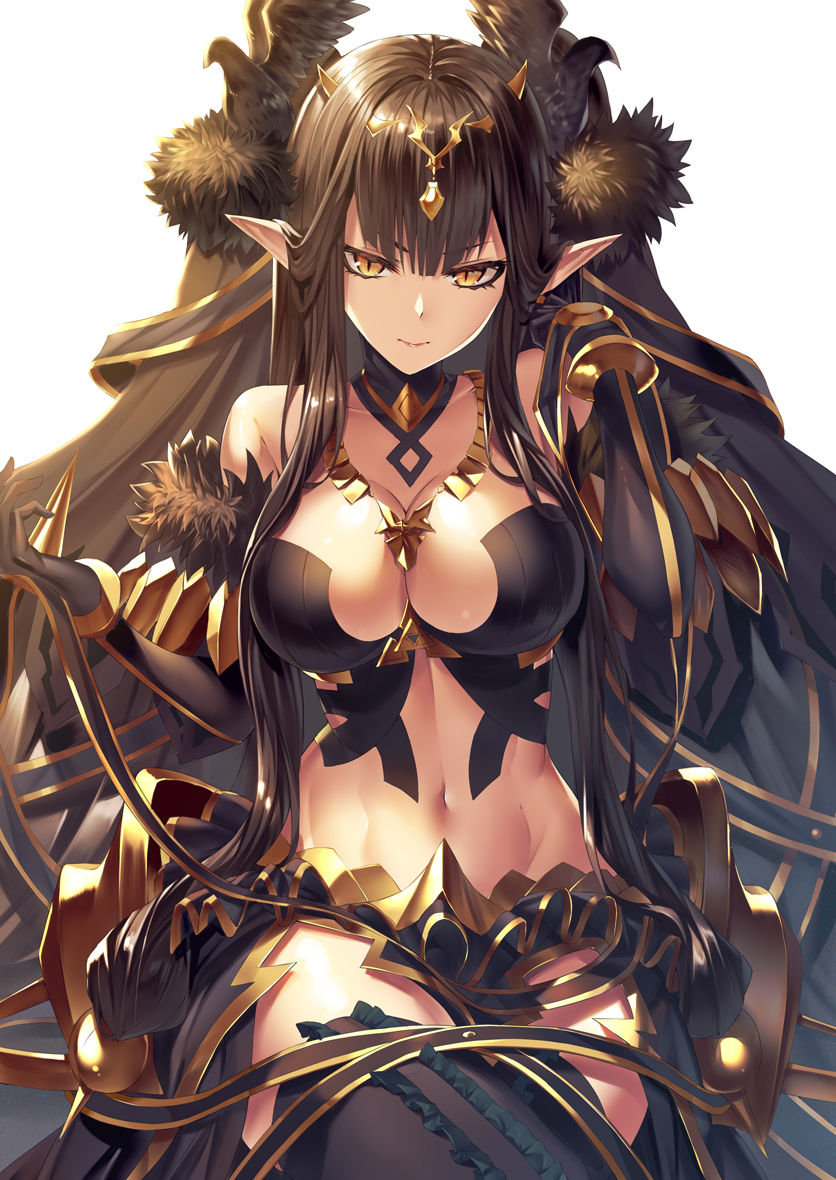 black_dress black_hair breasts bridal_gauntlets cleavage closed_mouth detached_collar detached_sleeves dress eyebrows eyebrows_visible_through_hair eyes fate/apocrypha fate/grand_order fate_(series) frills fur_trim gold hair hair_ornament heinou jewelry large_breasts legs_crossed long_hair looking_at_viewer navel necklace pointy_ears revealing_clothes semiramis_(fate) sitting slit_pupils thighhighs thighs toned yellow_eyes