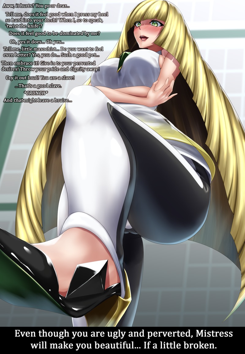 blonde_hair cruel dominatrix foot_fetish high_heels lusamine_(pokemon) nintendo pokemon pokemon_sm pov shoes slave t323_(manipper)