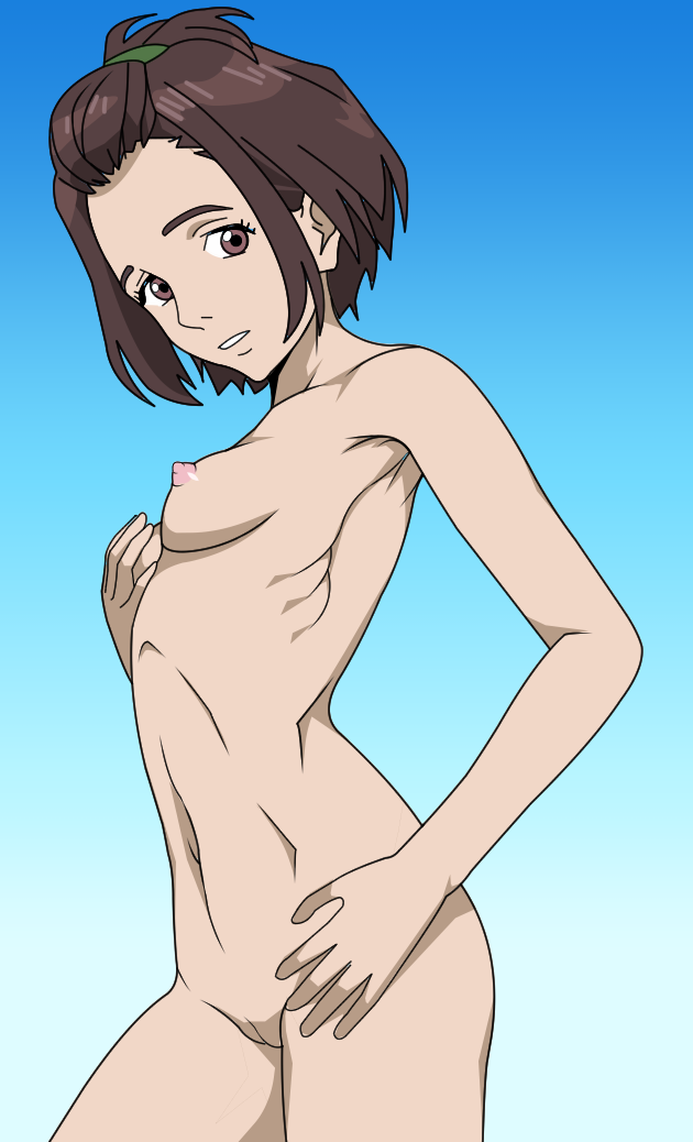 brown_eyes brown_hair fit fit_female hair_ribbon kiseijuu medium_breasts nude parasyte_the_maxim satomi_murano shaved_pussy short_hair skinny small_breasts smile smiling young younger_female