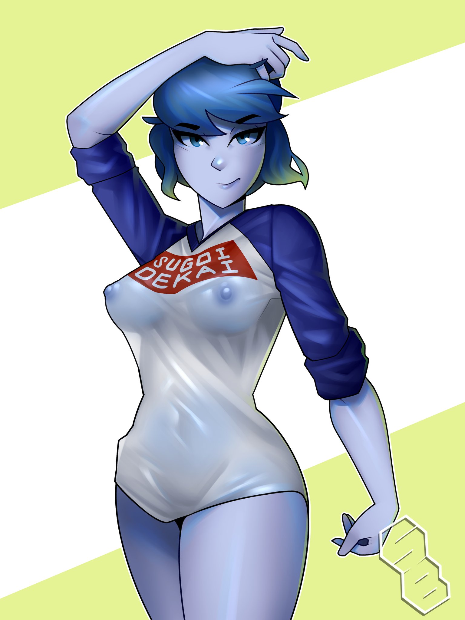 1girls, alien, alien girl, alien humanoid, bangs, blue eyes, blue hair, blue skin, bottomless, breasts, cartoon network, curvy, female, gem (species), humanoid, lapis lazuli (steven universe), looking at viewer, medium breasts, medium hair, nipples visible through clothing, pose, see-through, shirt, shirt only, solo, squishybolts, steven universe, straight hair, thighs, transparent clothing