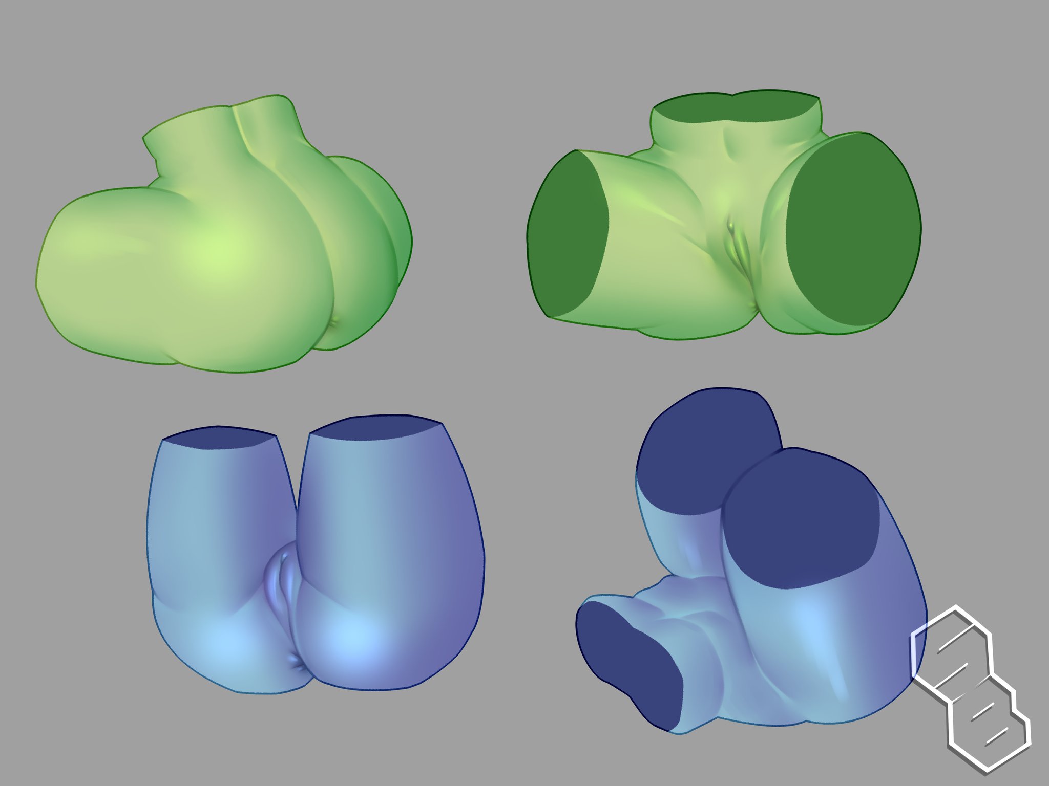 anus, ass, blue skin, close-up, female, green skin, grey background, lapis lazuli (steven universe), multiple views, nude, peridot (steven universe), pussy, squishybolts, steven universe