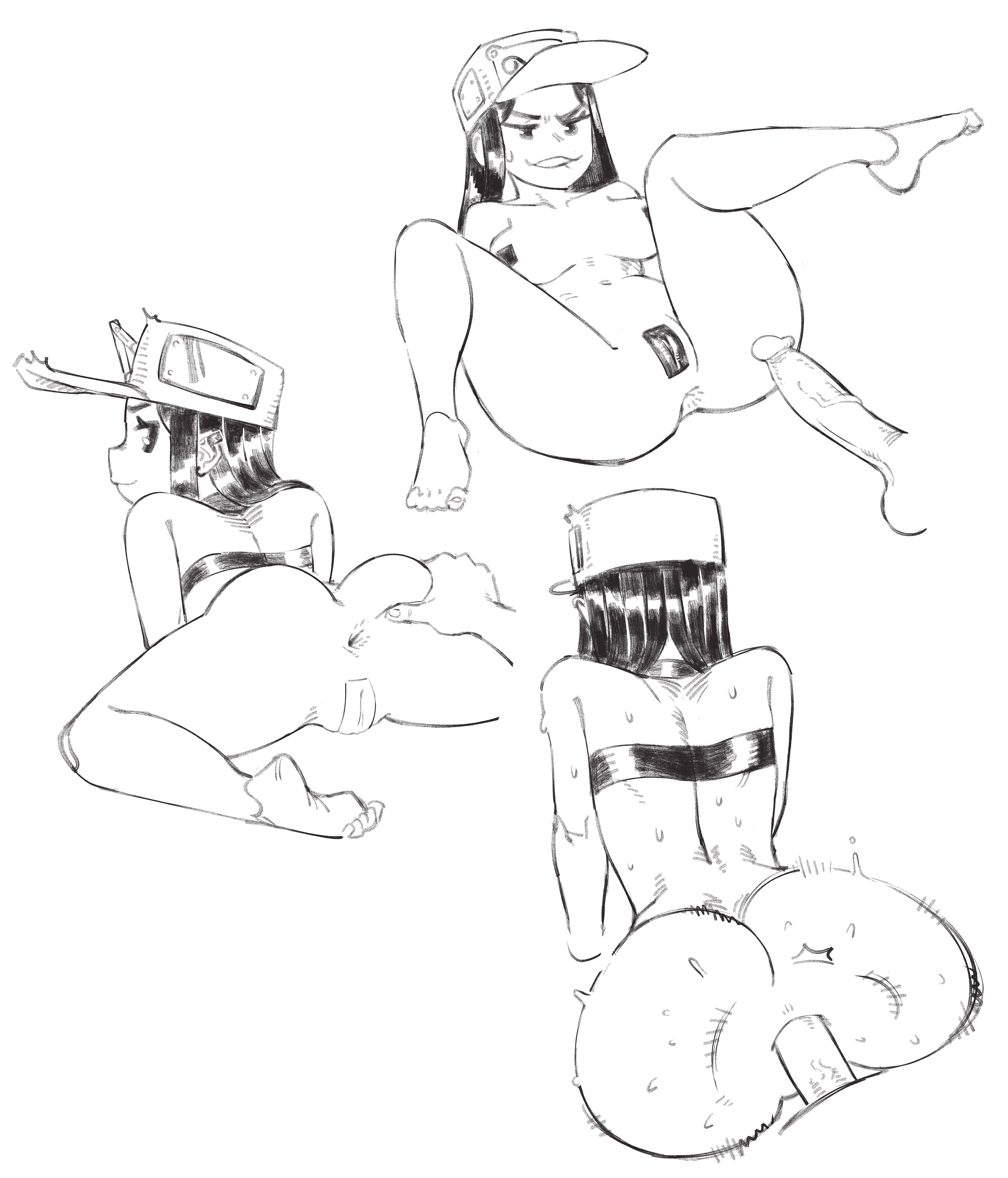 1boy, 1girls, anal, anal only, anal only maebari, anal sex, anus, ass, back, disembodied penis, feet, female, from behind, hat, maebari, male, male penetrating female, monochrome, nude, penis, pussy, sex, sketch, spread legs, sweet dynamite, tape, taped pussy