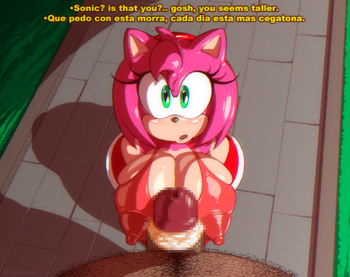 1girls, amy rose, angelauxes, big penis, english text, fat male, female, male, penis, pink hair, pink skin, smegma, sonic (series), spanish text, text