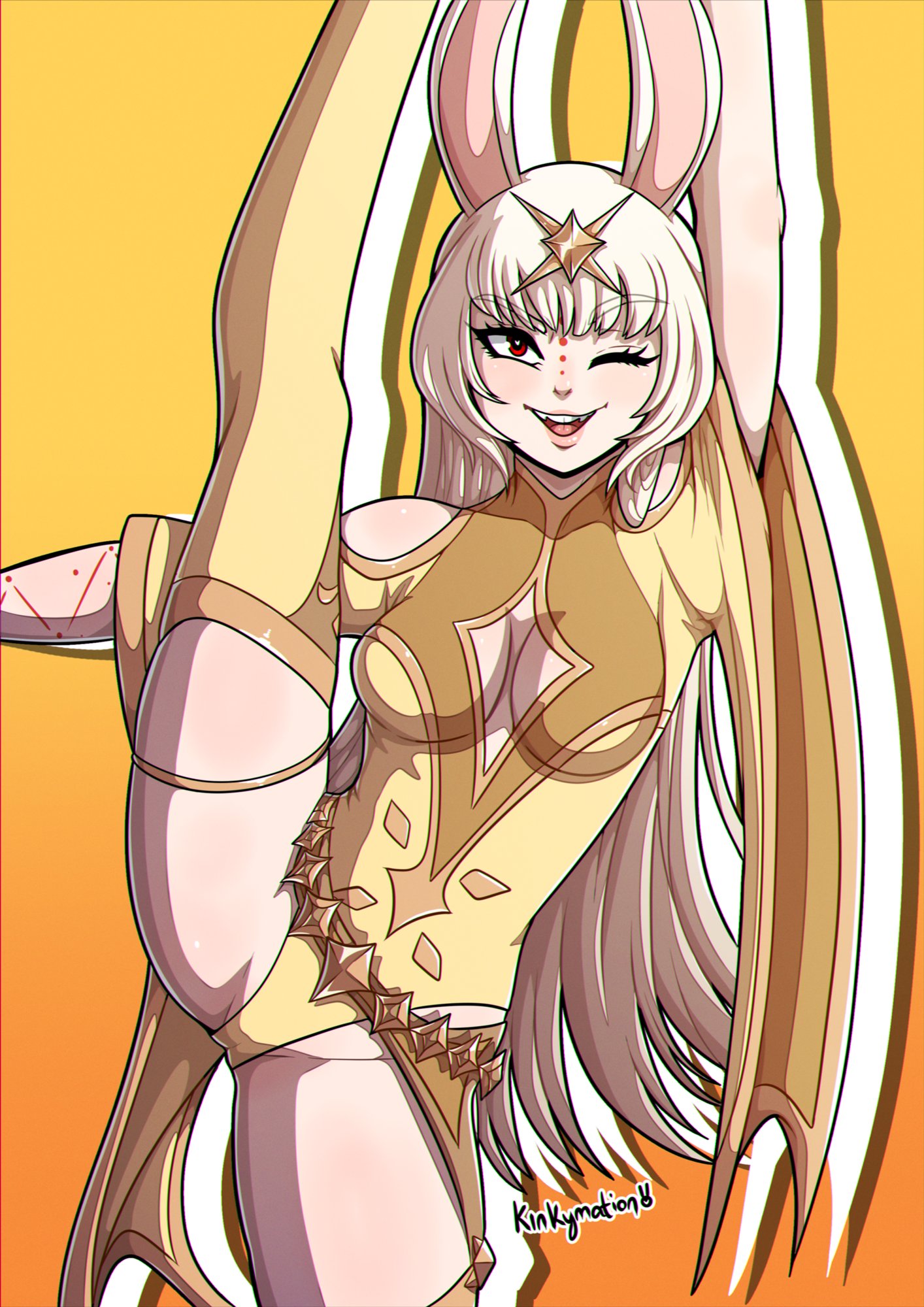 2020, boots, bunny ears, bunny girl, estella (kinkymation), female, female only, heart-shaped pupils, kinkymation, leg up, smile, solo, thighhighs, wink