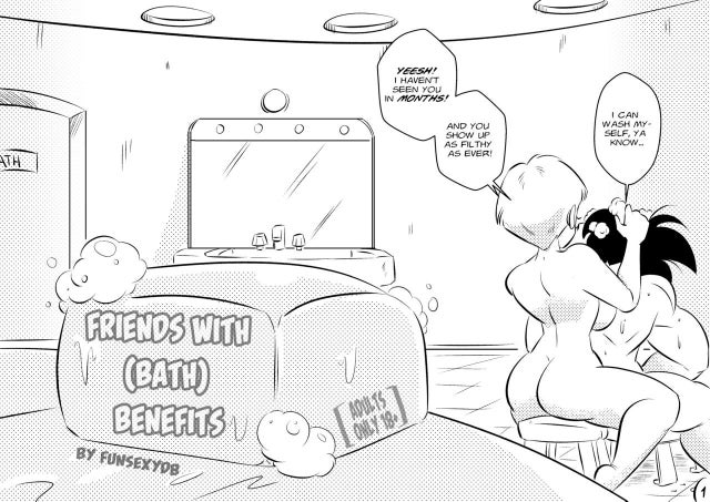 1boy, 1girls, bathing, bulma briefs, comic, dialogue, dragon ball, dragon ball super, dragon ball z, english text, female, funsexydragonball, hourglass figure, male, monochrome, nude, nude female, nude male, page 1, shounen jump, son goku