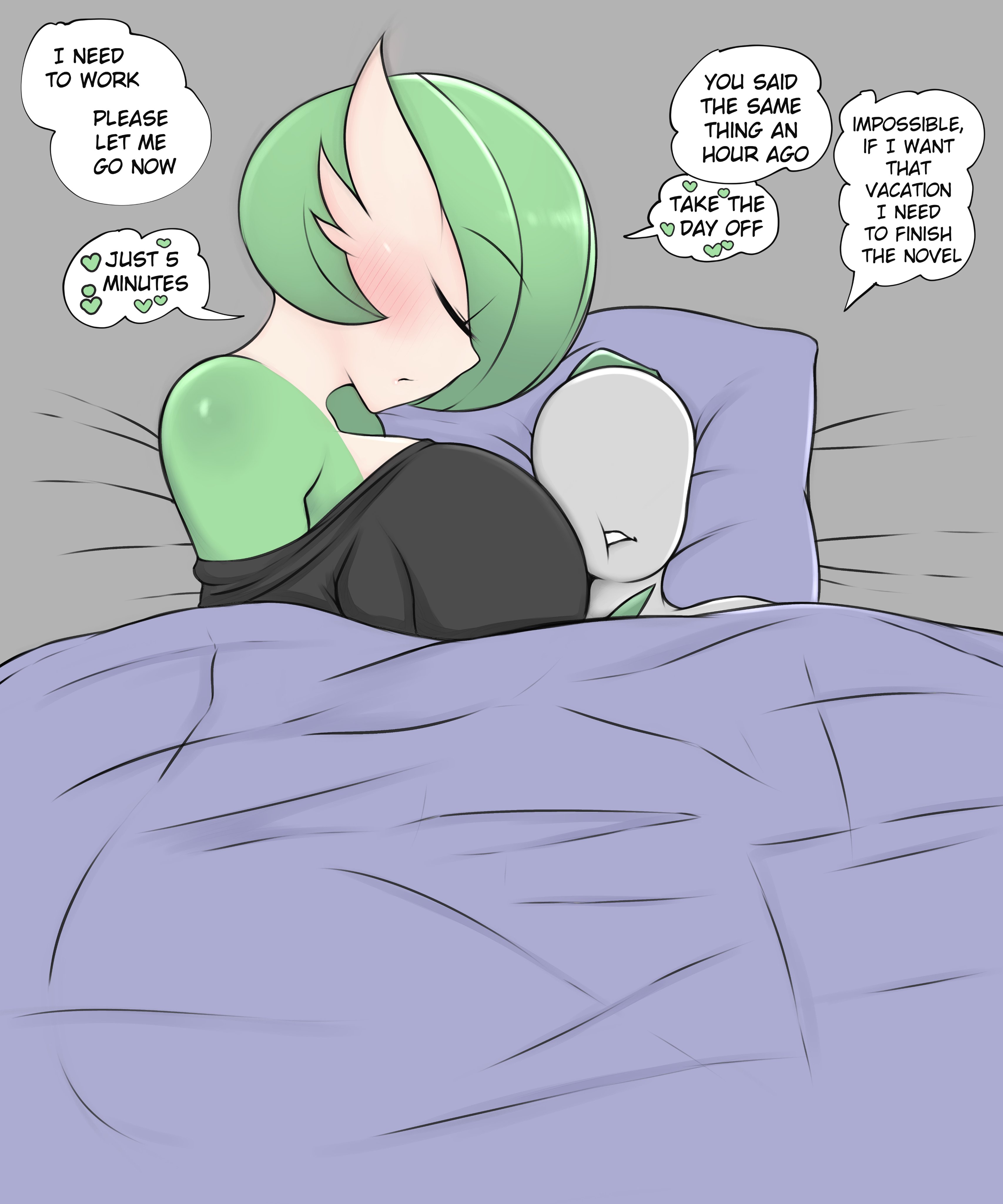 1boy, 1girls, anthro, big breasts, blush, breasts, closed eyes, english text, faceless male, female, female pokemon, gardevoir, green hair, huge breasts, hugging, human, human on pokemon, larger female, male, nintendo, pokémon (species), pokemon, pokemon (species), pokemon rse, saltyxodium, size difference, sleeping, speech bubble, text, wholesome