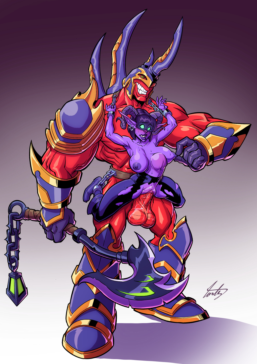 1boy, 1girls, aranna starseeker, arms up, axe, balls, belly riding, blizzard entertainment, blush, bondage, boots, breasts, chained, chained ankles, chained wrists, chains, clenched teeth, clitoris, cock sleeve, defeated, demon hunter, elf ears, exposed pussy, fanny packing, felguard, female, fontez, glowing eyes, goat horns, green eyes, horns, huge cock, large breasts, male, night elf, nipple tweak, nipples, penis, pointy ears, purple nipples, purple skin, pussy, pussy juice, rape, shaved pussy, spread legs, stomach bulge, straight, sweat, testicles, topless, torn clothes, undercarriage, vaginal penetration, vaginal sex, weapon, world of warcraft, worried
