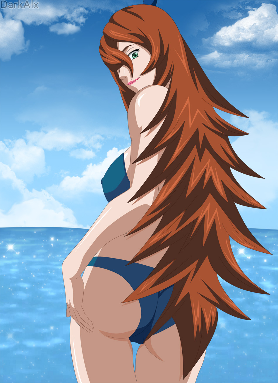 1girls, ass, big breasts, bikini, blue sky, breasts, brown hair, clouds, darkalx, erect nipples, female, female only, from behind, fully clothed, green eyes, hair over one eye, lipstick, long hair, looking at viewer, looking back, makeup, mature female, mei terumi, naruto, naruto (series), naruto shippuden, nipples, ocean, outdoors, sideboob, smile, swimsuit, water