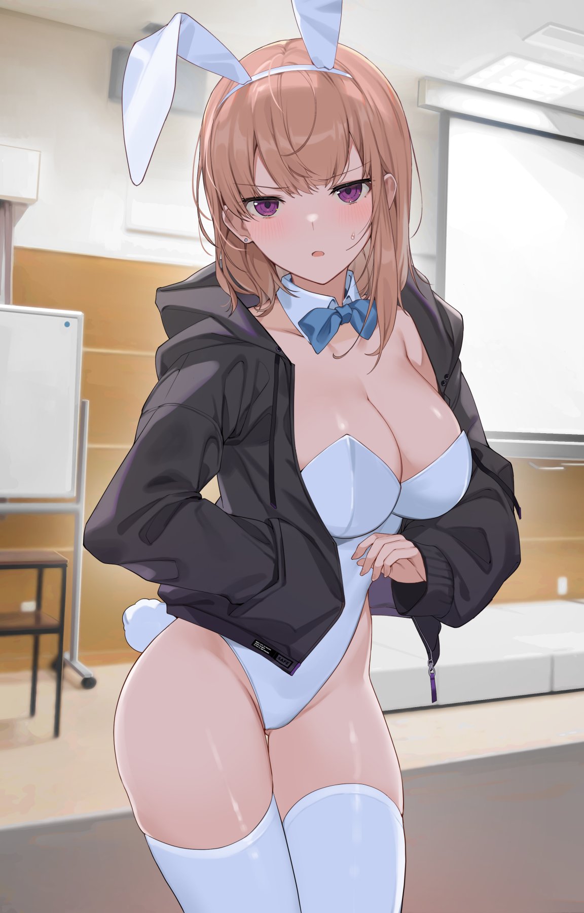 big breasts, blush, breasts, bunny, bunny ears, bunny girl, bunnysuit, curvy, cute, embarrassed, female, female only, huge breasts, human, jacket, nervous, playboy, playboy bunny, thick, thick thighs, thighhighs, thin, thin waist, voluptuous