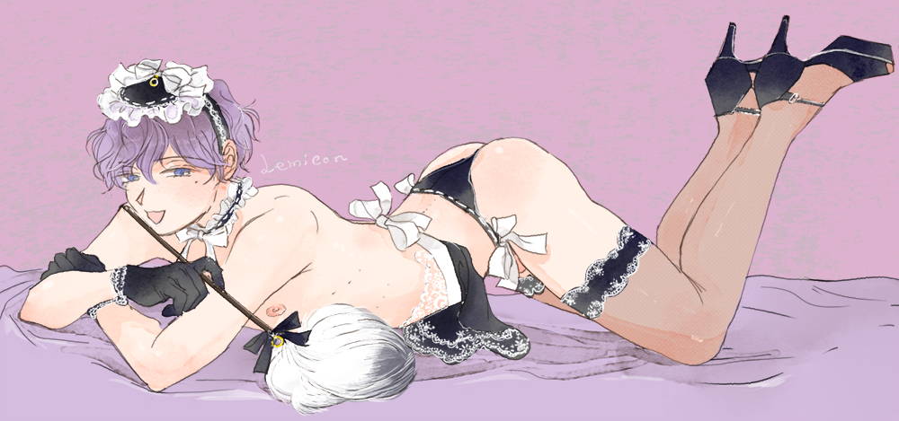 2021, ass, ass up, beauty mark, black gloves, black high heels, black panties, bow, crossdressing, feather duster, femboy, girly, gloves, high heels, legs, legs up, legwear, lemicon, looking at viewer, lying, maid, male, mole, mole under eye, nipple slip, nipples, open mouth, purple background, purple hair, short hair, simple background, stockings, trap