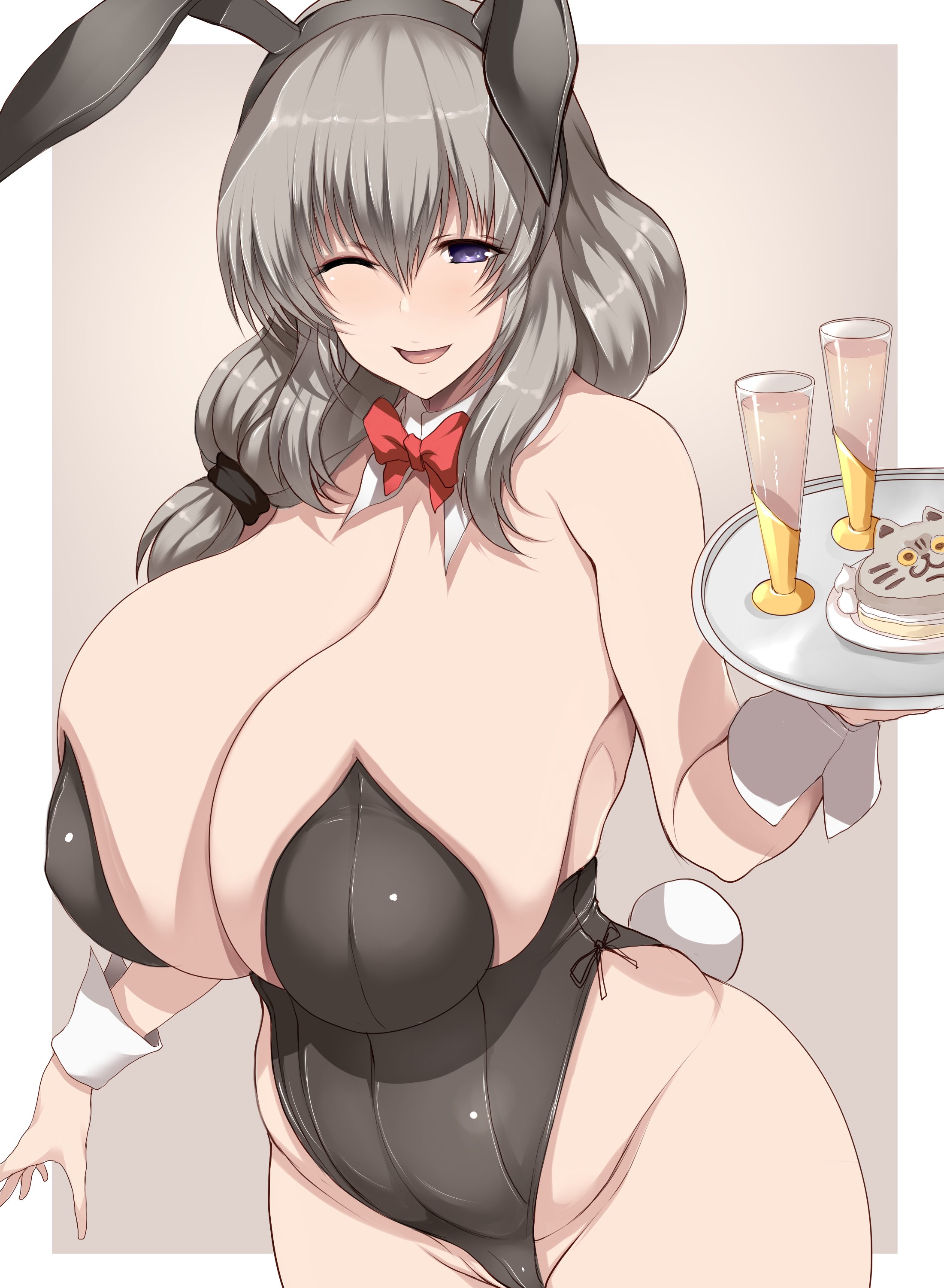 1girls, animal ears, big breasts, bow tie, breasts, breasts bigger than head, bunny ears, bunny girl, bunny tail, bunnysuit, corset, female, female focus, female only, grey hair, hourglass figure, huge breasts, large breasts, long hair, milf, mother, one eye closed, simple background, smile, solo, solo female, solo focus, thick thighs, tsukasawa takamatsu, uzaki tsuki, uzaki-chan wa asobitai!, voluptuous, waitress