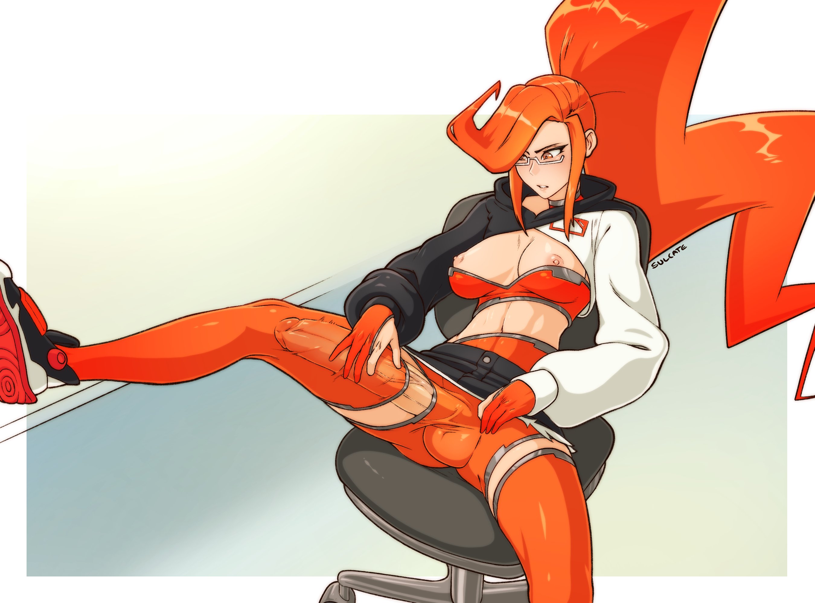 1futa, areolae, balls, breasts, bulge, clothed, clothing, erection, erection under clothes, futa only, futanari, glasses, highres, hoodie, huge cock, human, intersex, leg up, light skin, long hair, long sleeves, navel, nipples, one leg up, orange clothing, orange hair, pale skin, partially clothed, penis, penis through leghole, penis to the knees, penis under clothes, ponytail, sitting, skirt, solo, spread legs, sulcate, thighhighs, tight clothing