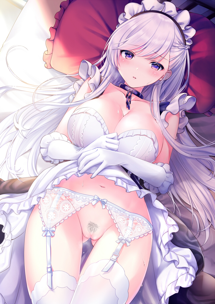 azur_lane bangs bare_shoulders belfast_(azur_lane) black_dress blush braid breasts broken broken_chain chains cleavage collarbone commentary_request cowboy_shot dress dress_lift elbow_gloves eyebrows_visible_through_hair female french_braid frilled_dress frilled_gloves frills garter_belt garter_straps gloves groin hair_between_eyes large_breasts lifted_by_self long_hair looking_at_viewer lying maid maid_headdress midriff navel on_back on_bed parted_lips pillow pontaro18 pubic_hair purple_eyes pussy sidelocks silver_hair skindentation solo sweat thighhighs white_gloves white_legwear