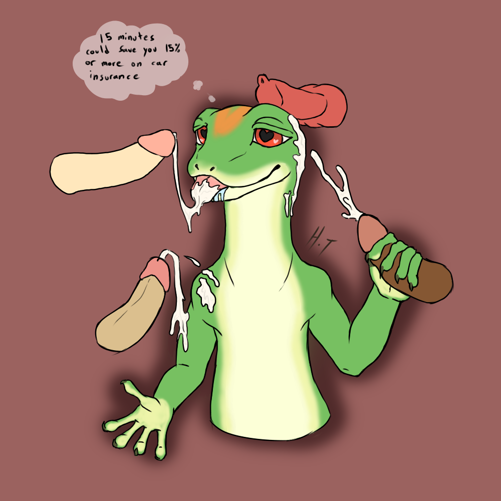 anthro bodily_fluids cum cum_in_mouth cum_inside cum_on_face cumshot ejaculation gay gecko geico geico_gecko genital_fluids group lizard male male/male mascot reptile scalie