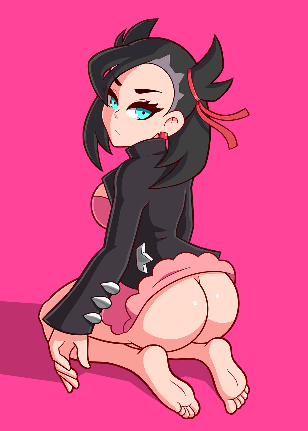 1girls age_difference aged_up ass black_hair blue_eyes bubble_butt chemical_bro clothed clothing dat_ass ear_piercing female human looking_at_viewer marnie_(pokemon) medium_hair mostly_nude nintendo pink_background pokemon pokemon_ss sideboob solo white_skin