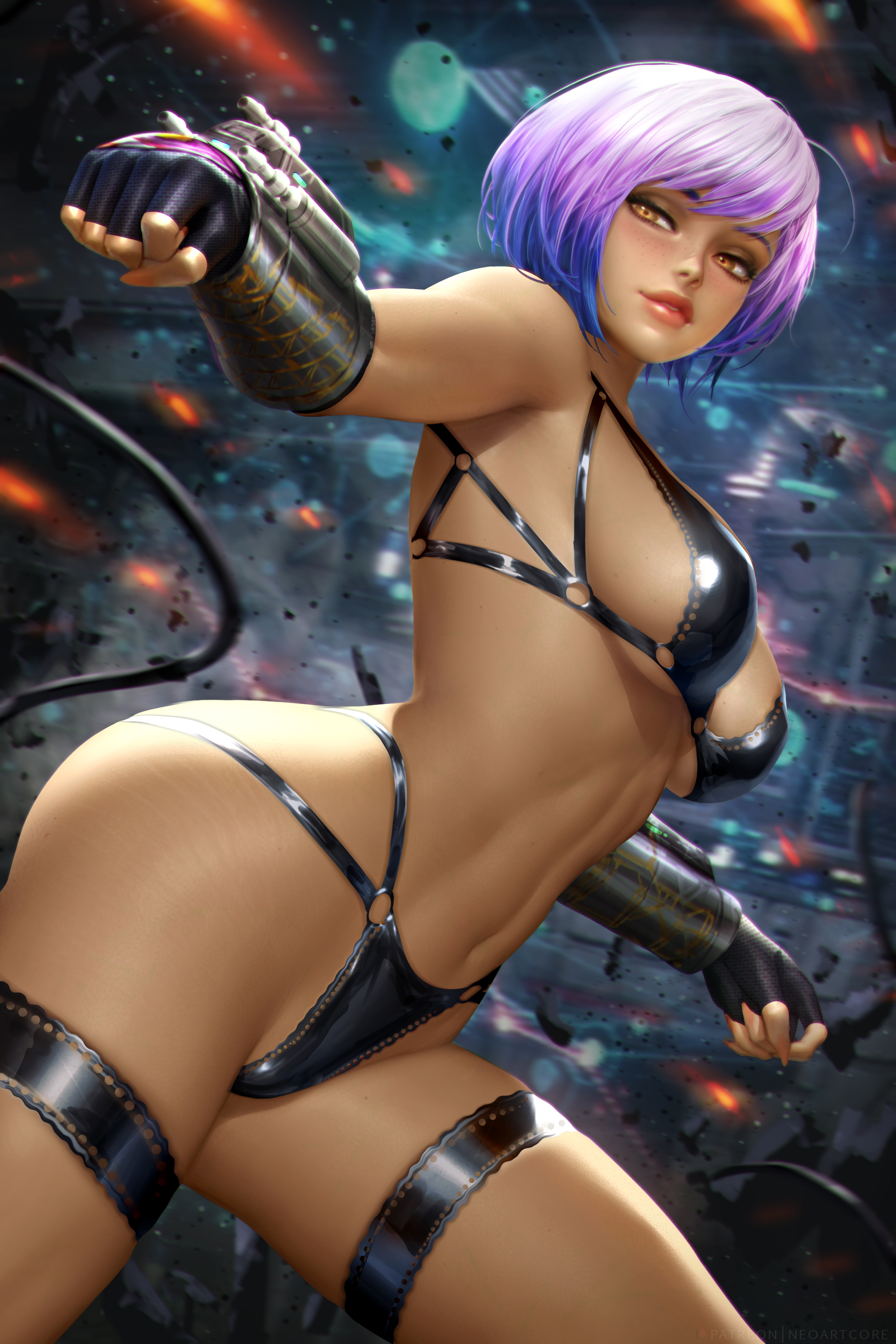 1girls, absurd res, big breasts, bra, breasts, cleavage, curvy, detailed background, female, female focus, female only, gauntlets, hi res, lingerie, neoartcore, paid reward, panties, partially visible vulva, patreon reward, pose, purple hair, pussy, sabine wren, solo, solo female, star wars, star wars rebels, watermark, wide hips