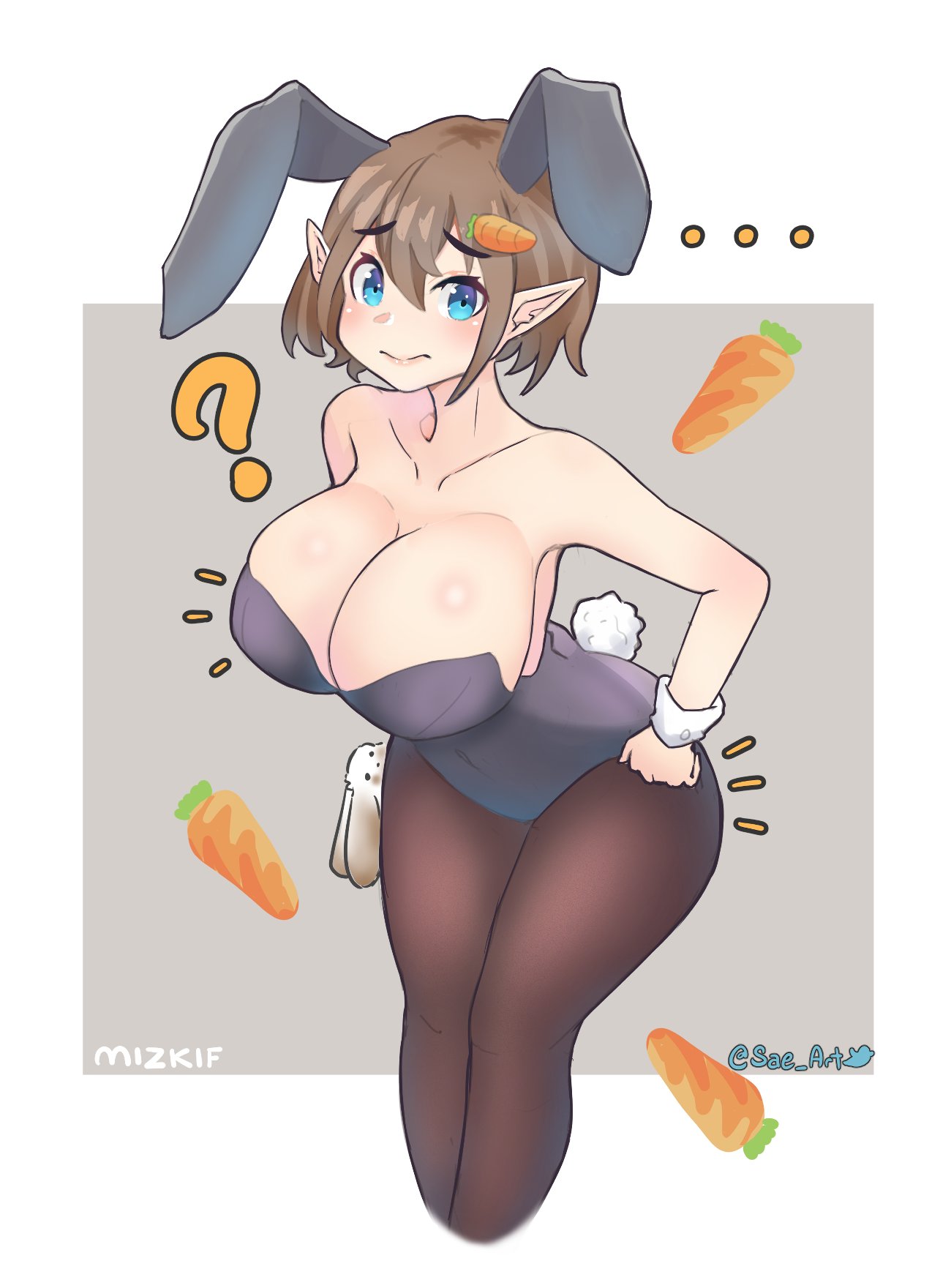 ? between_breasts big_breasts black_leotard blue_eyes breasts brown_hair bunny_ears bunny_tail bunnysuit carrot cleavage commission elf_ears female genderswap_(mtf) hair_ornament hands_on_hips huge_breasts leotard mizkif pantyhose pointy_ears rabbit rule_63 sae_art short_hair solo twitch.tv