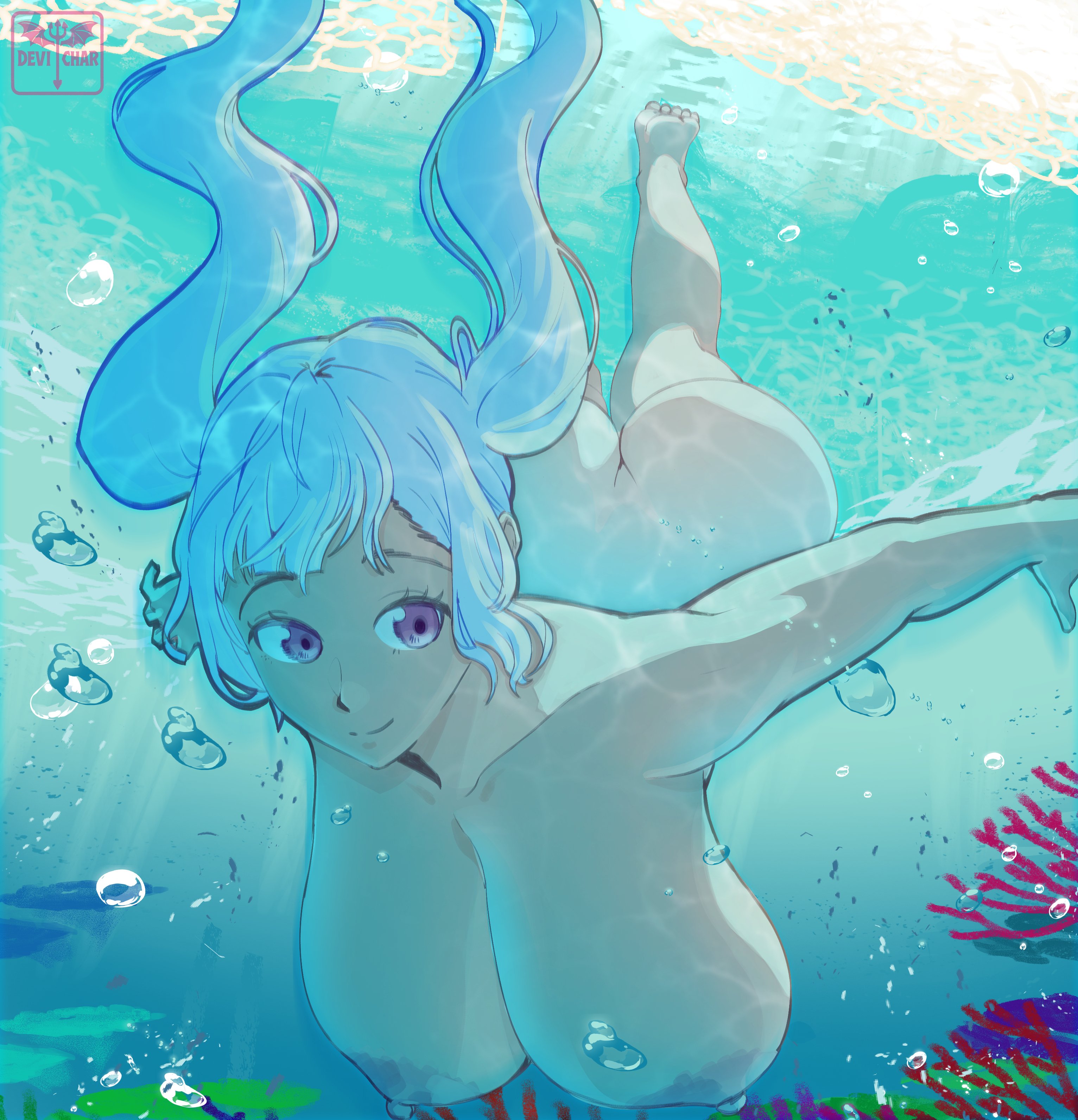 :), 1girls, air bubbles, areolae, ass, ass crack, barefoot, big areola, big ass, big breasts, black clover, breasts, cleavage, collarbone, completely nude, completely nude female, cute, diving, exposed breasts, eyelashes, feet, female, female only, full body, hair up, highres, huge ass, huge breasts, large breasts, legs, light skin, light-skinned female, naked, naked female, nipples, no bra, no panties, noelle silva, nude, nude female, purple hair, scharlottelambo, smile, solo, solo female, submerged, swimming, twintails, underwater, white hair, wide eyes