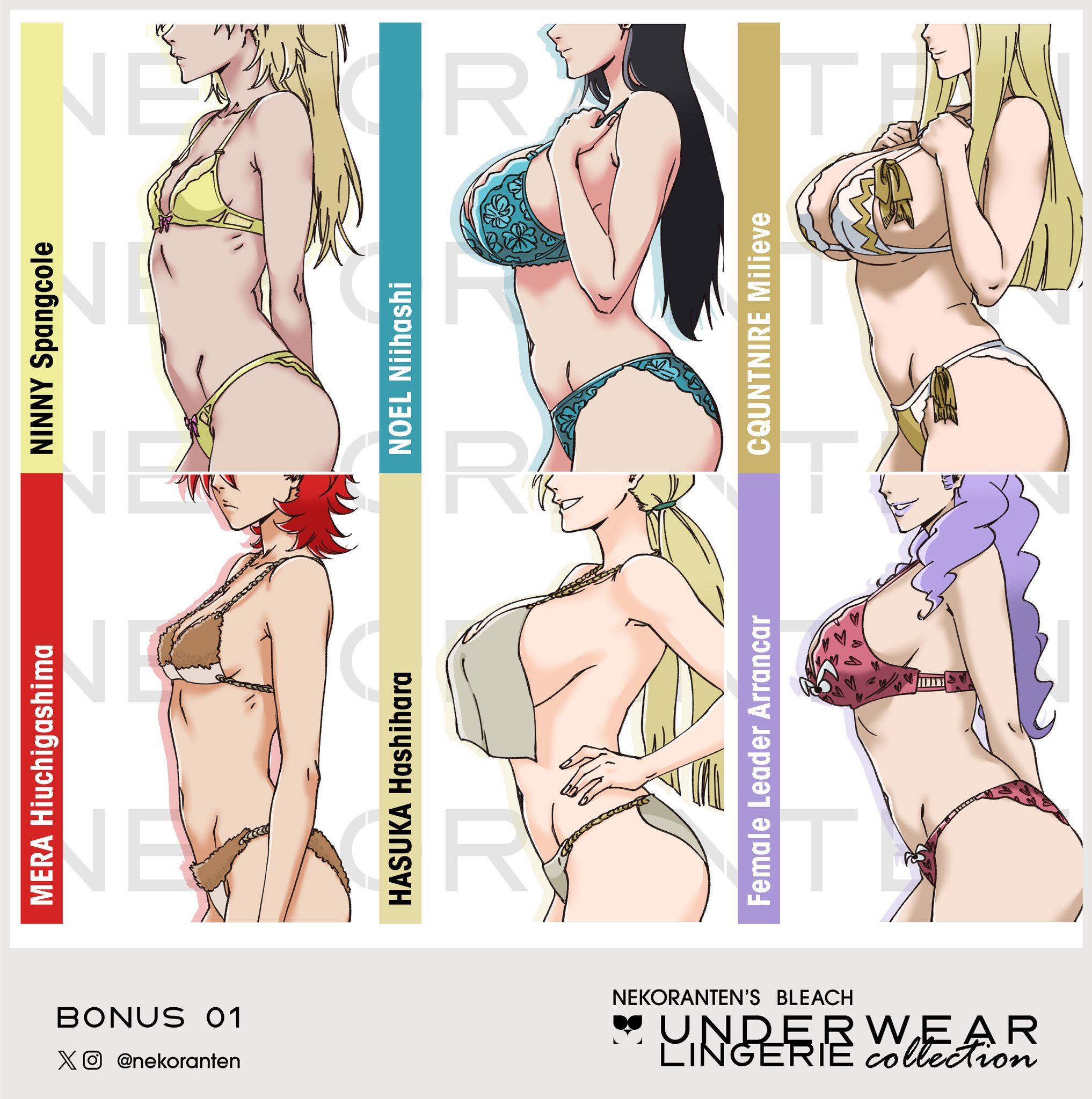 areola slip, arrancar, ass, big ass, big breasts, bleach, bleach: the thousand-year blood war, blonde hair, bra, breast chart, breast curtains, breasts, burn the witch, chart, cquntnire milieve, female, female focus, female only, hasuka hashihara, huge breasts, large breasts, lingerie, lingerie only, medium breasts, mera hiuchigashima, multiple girls, navel, nekoranten, ninny spangcole, nipple bulge, noel niihashi, panties, petite, petite body, plump, plump breasts, purple hair, side view, sideboob, size difference, skindentation, small breasts, tagme, take your pick, wide hips