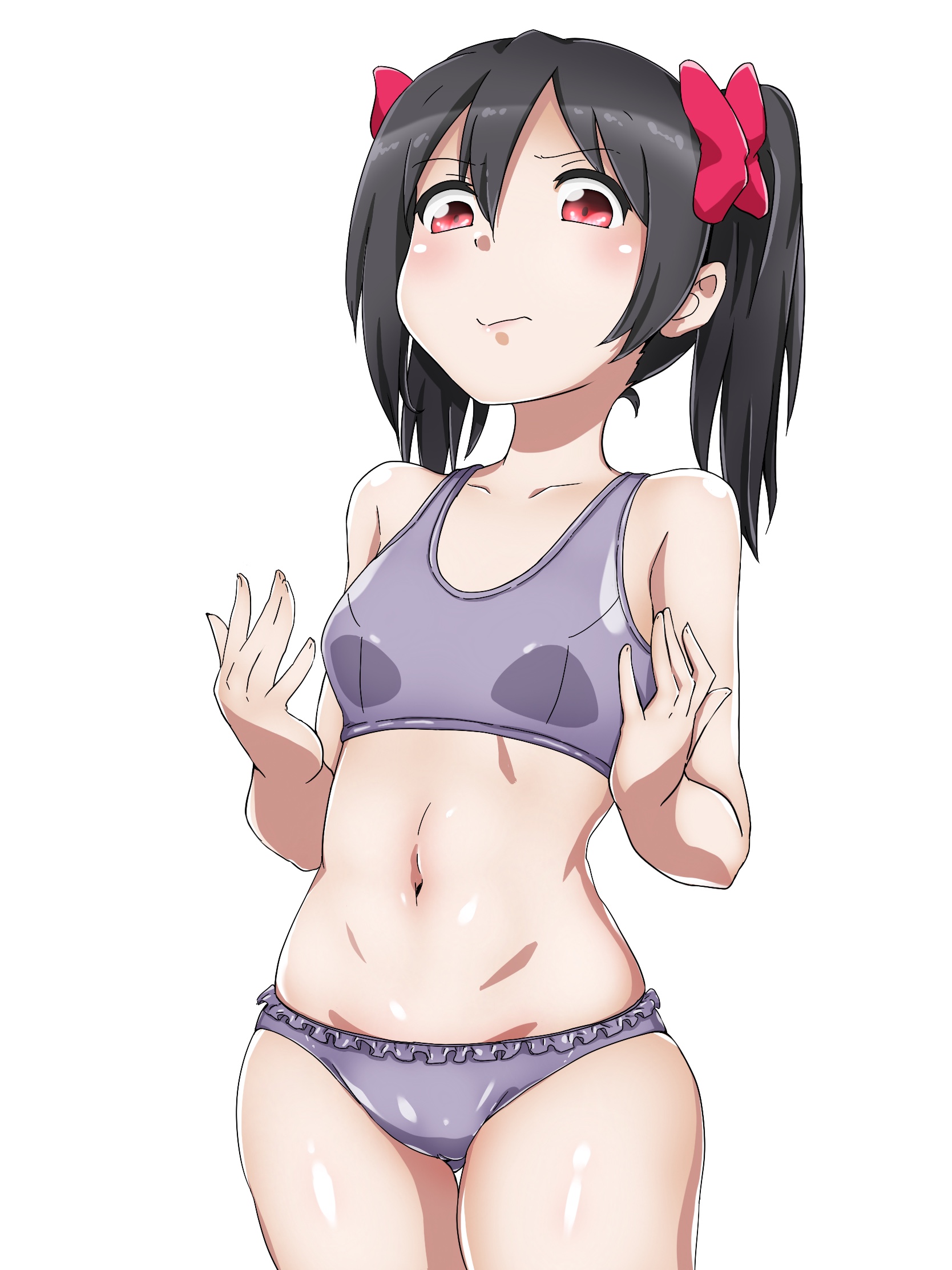 1girls, black hair, bow, breast expansion, breast growth, breast growth (enlargement), breasts, exposed shoulders, exposed stomach, female, female only, love live!, love live! school idol project, panties, pussy, red eyes, small breasts, sports bra, thighs, twintails, uzumi (uzumi yosi), vagina, yazawa nico