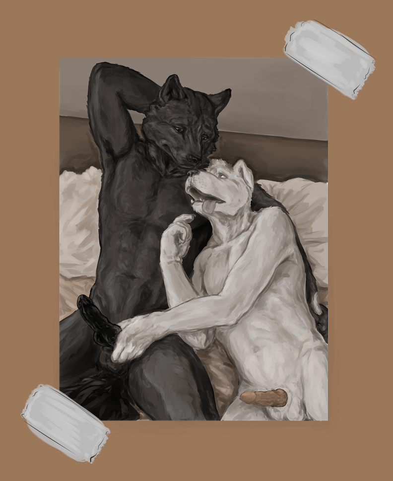 anthro bed canid canine duo furniture genitals knot male male/male mammal masturbation monochrome penis sepia vidnix_(artist)