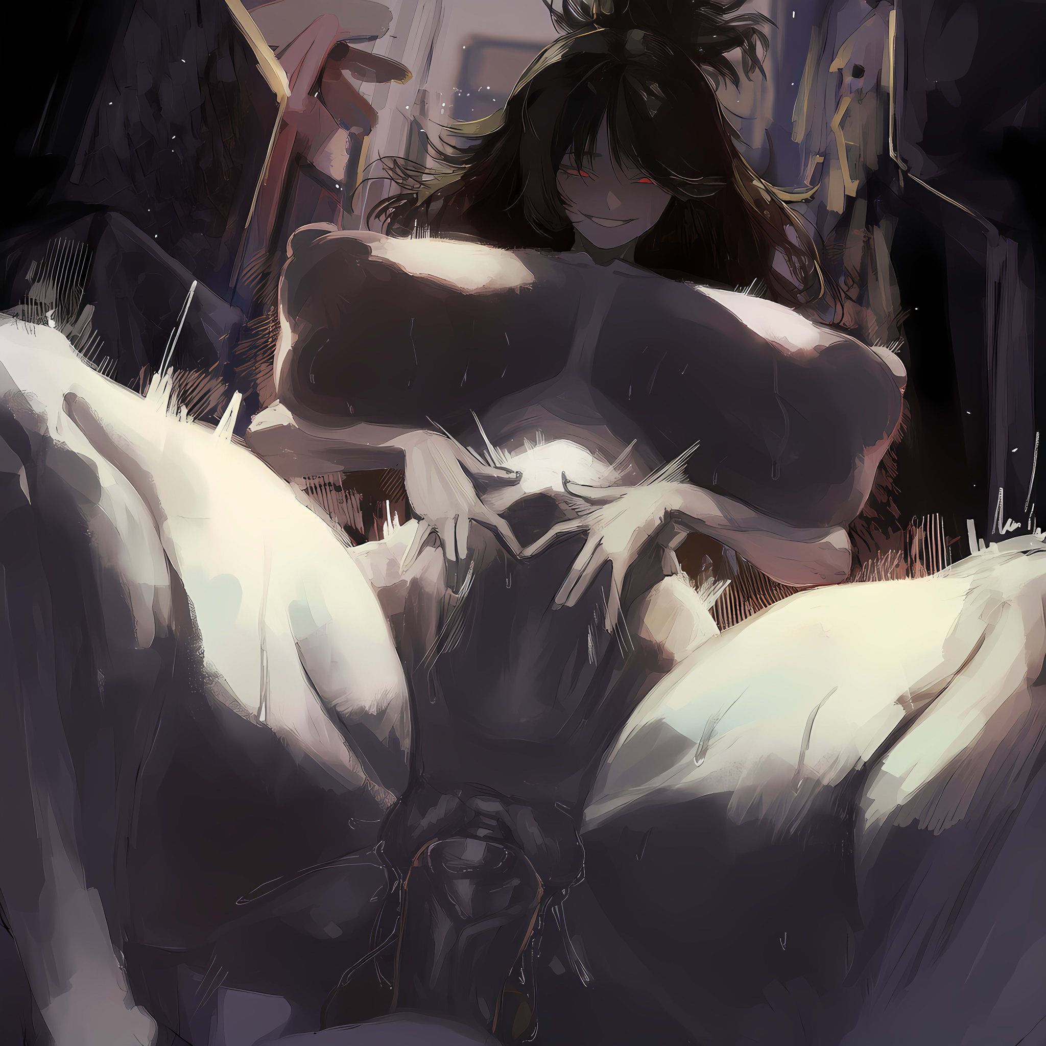 1boy, 1girls, ai generated, alley, alleyway, balls, ballsack, big breasts, bloodfiend, breasts, breasts bigger than head, brown hair, bulge, cinderhee, clitoris, cowgirl position, dark skin, dark-skinned male, elena (library of ruina), female, glowing eyes, grin, grinning, hands on belly, huge breasts, large breasts, library of ruina, male, male pov, messy hair, naked, naked female, naked male, nipples, outdoor nudity, outdoor sex, outdoors, outside, outside sex, pale skin, pale-skinned female, penis, pov, project moon, pussy juice, pussy juice drip, red eyes, riding, riding penis, sex, smile, smiling, smiling at viewer, stomach bulge, street, submissive, submissive male, tagme, testicles, thick penis, vampire, vampire girl, veins, veiny penis