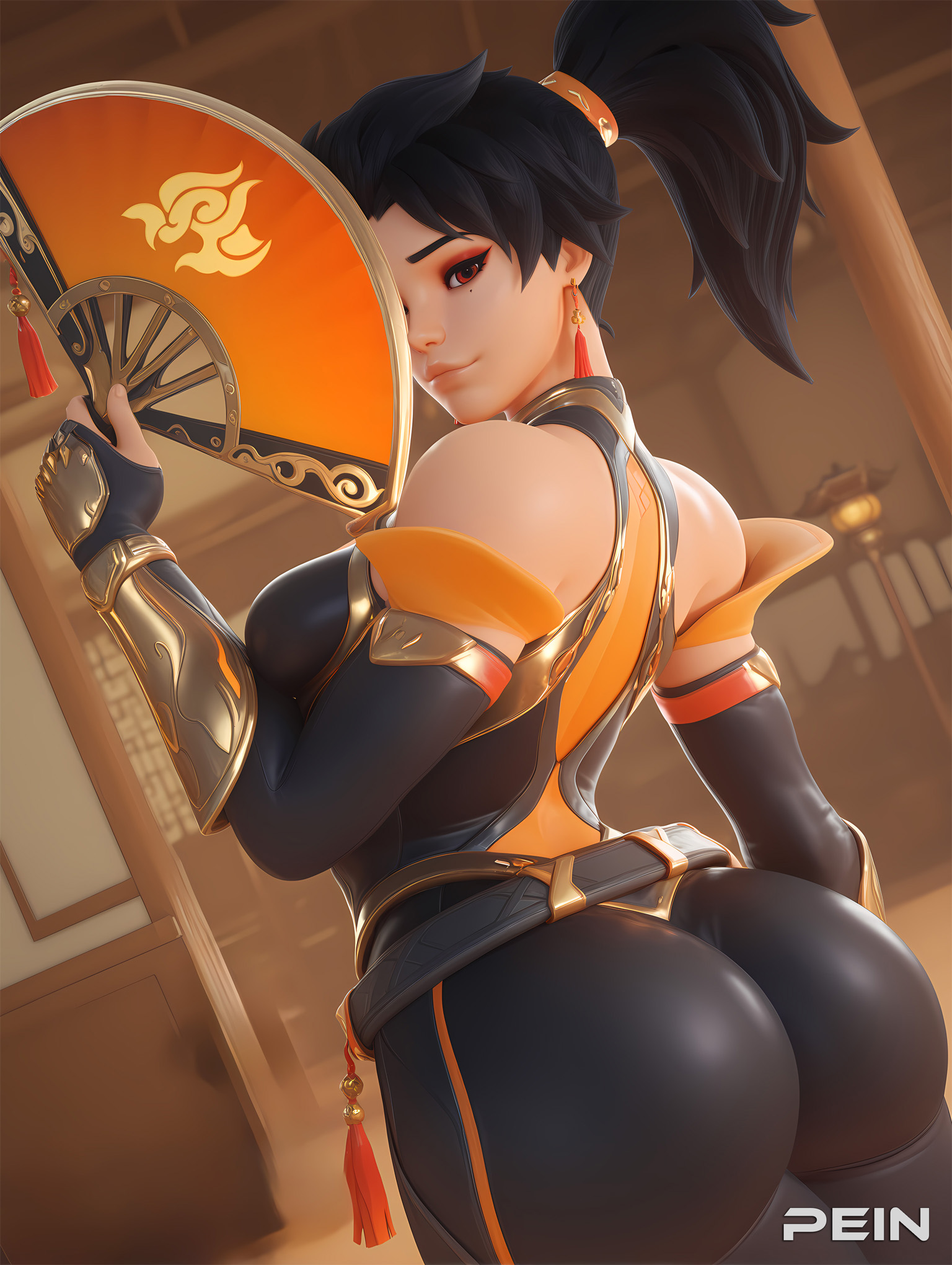 1girls, ai generated, anran, ass, bare shoulders, black hair, bodysuit, breasts, detached sleeves, earrings, elbow gloves, folding fan, from behind, gloves, hand fan, high ponytail, holding, holding fan, jewelry, large breasts, lips, looking at viewer, looking back, overwatch, pein, ponytail, red eyes, smile, solo, stable diffusion