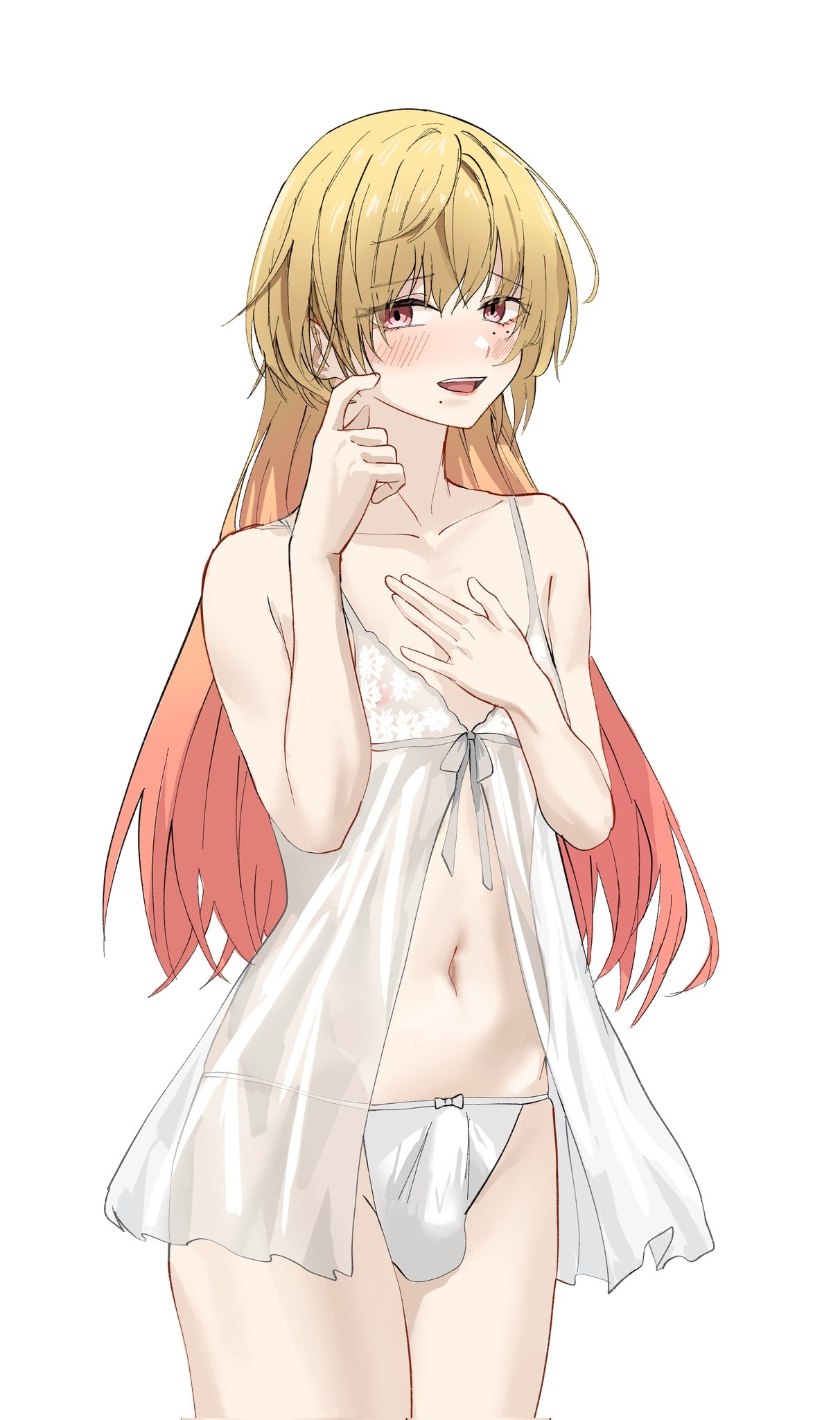 1boy, androgynous, blonde hair, bow panties, bulge, collarbone, cowboy shot, crossdressing, ears, erect penis, erection, erection under clothes, eyebrows visible through hair, femboy, feminine male, girly, gradient hair, hand on chest, happybathroom, high resolution, index finger raised, kinosaki mei, looking aside, male, male focus, male only, marriagetoxin, mole under eye, multicolored hair, navel, negligee, nipples, nipples visible through clothing, open mouth, panties, penis, pink hair, portrait, red eyes, see-through, see-through clothes, see-through clothing, simple background, sleepwear, solo, solo male, standing, straight hair, string panties, underwear, very long hair, white background, white negligee, white panties, white underwear, wispy bangs