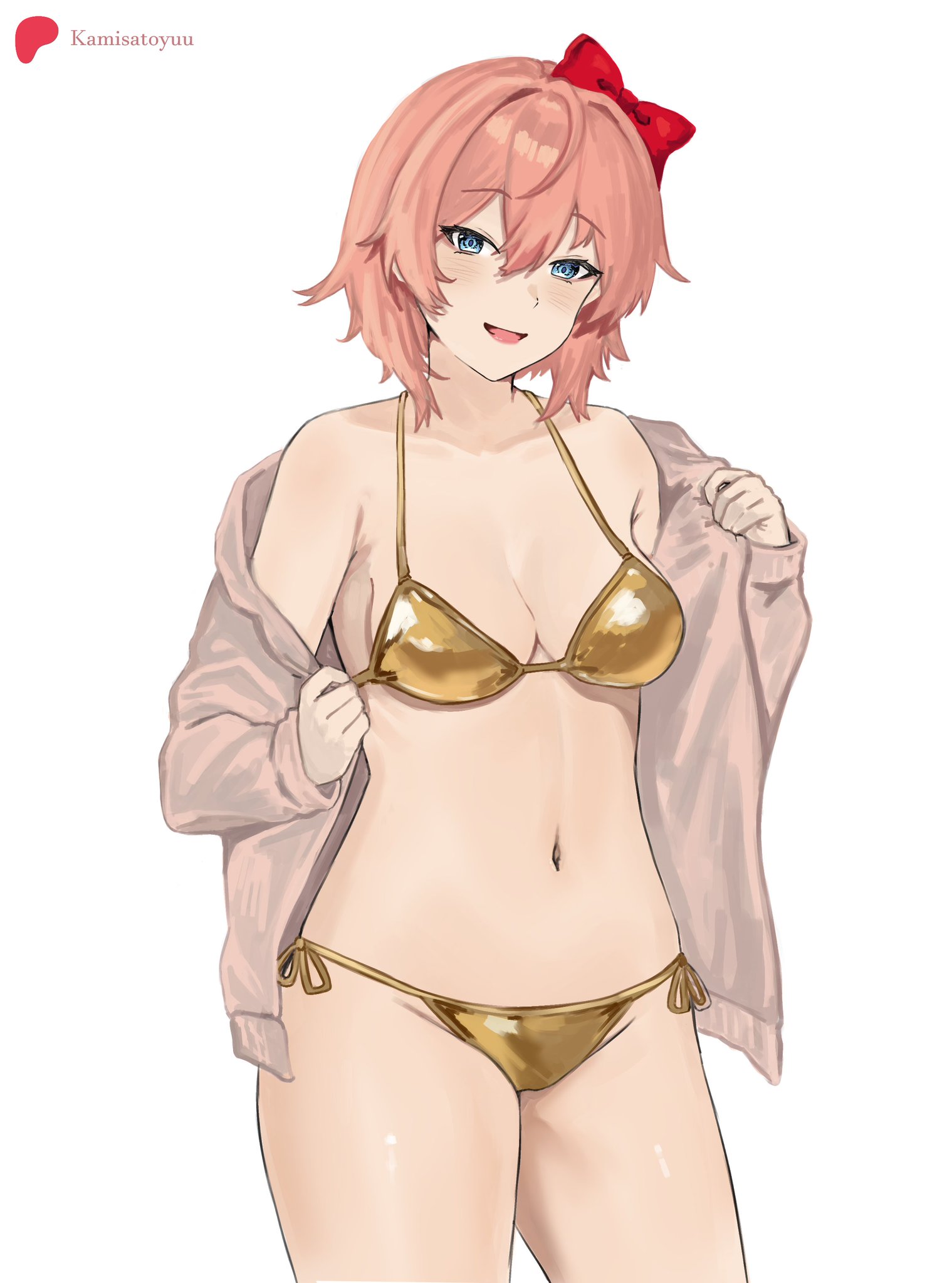 blue eyes, coral pink hair, doki doki literature club, female, gold bikini, golden bikini, golden bra, golden panties, golden week, kamisato yuu, light-skinned female, looking at viewer, navel, pajama shirt, red hair bow, sayori (doki doki literature club), short hair, smiling, thick thighs