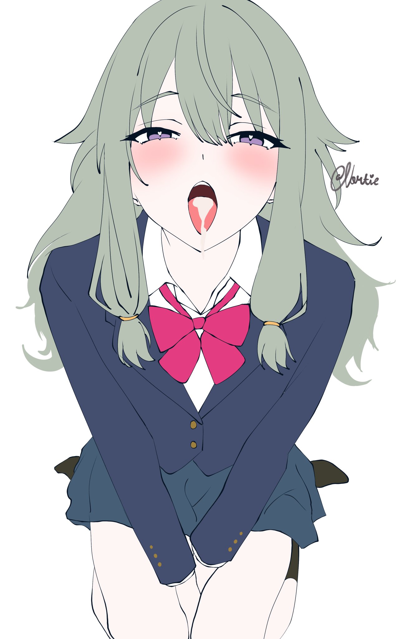 1girls, after fellatio, after oral, blush, clothed, cum, cum in mouth, cum inside, female, green hair, kneeling, kusanagi nene, looking at viewer, open mouth, project sekai, purple eyes, school uniform, schoolgirl, skirt, tongue, tongue out, vortie (naughtyvrtgn), white background