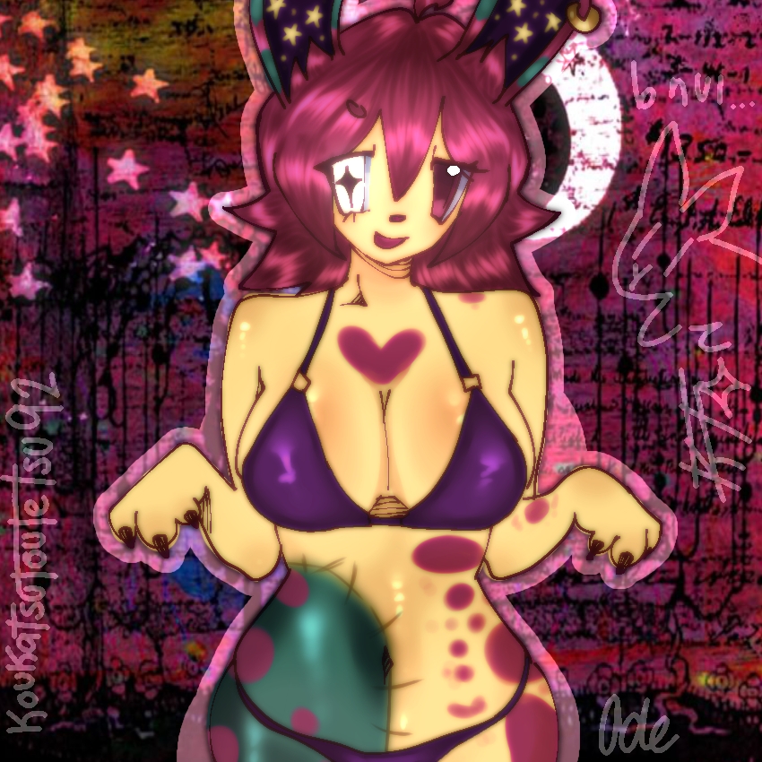 big breasts, big thighs, bikini, breasts, bunny, bunny ears, caroline (stomach book), fur, furry, furry ears, furry female, furry only, koukatsu, piercing, pink eyes, pink hair, purple bikini, stomach book, yellow body