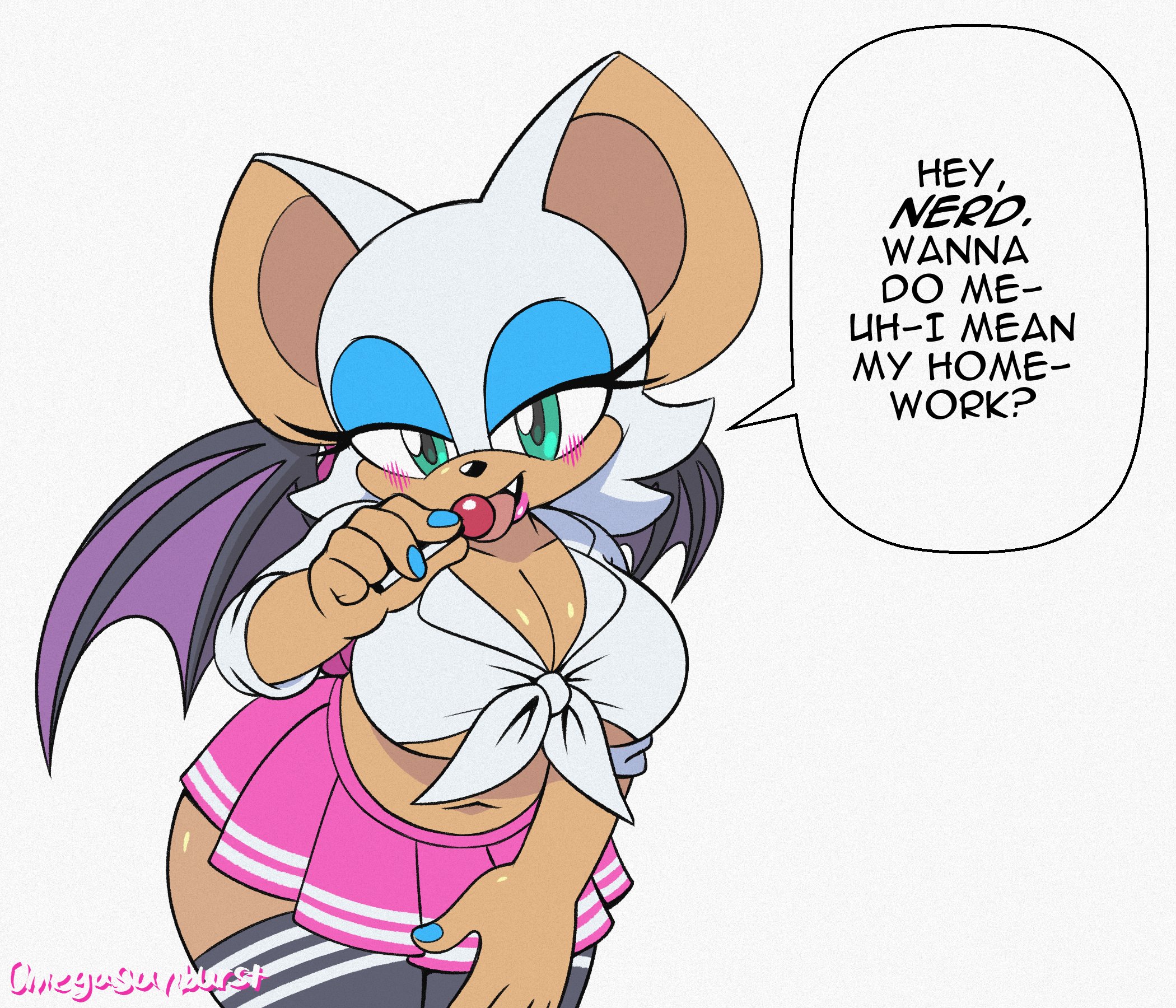 anthro, backpack, bare midriff, bat, bat ears, bat wings, big breasts, blouse, blue eyeshadow, blue nail polish, blush, breasts, cleavage, clothing, crop top, dialogue, eyelashes, fang, female, female anthro, female only, flat colors, gyaru, hand on thigh, huge breasts, leaning forward, licking lollipop, lollipop, looking at viewer, mocking, nail polish, omegasunburst, pink lips, pink skirt, rouge the bat, school uniform, schoolgirl, sega, short hair, short skirt, shortstack, skirt, solo, sonic (series), sonic the hedgehog (series), text bubble, thick thighs, thigh highs, thighhighs, tied shirt, white fur, white hair, wide hips