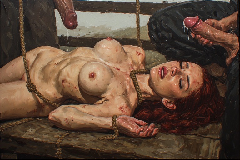 1girl2boys, 2boys1girl, abused female, after execution, after hanging, after rape, ai generated, cum, cum on body, dead, dead body, death, ejaculation, ejaculation on breasts, elyddy, execution, hard cock, naked, naked female, necrophilia, nude, nude female, rape, raped, red hair, redhead, redhead female, rope, rope around neck