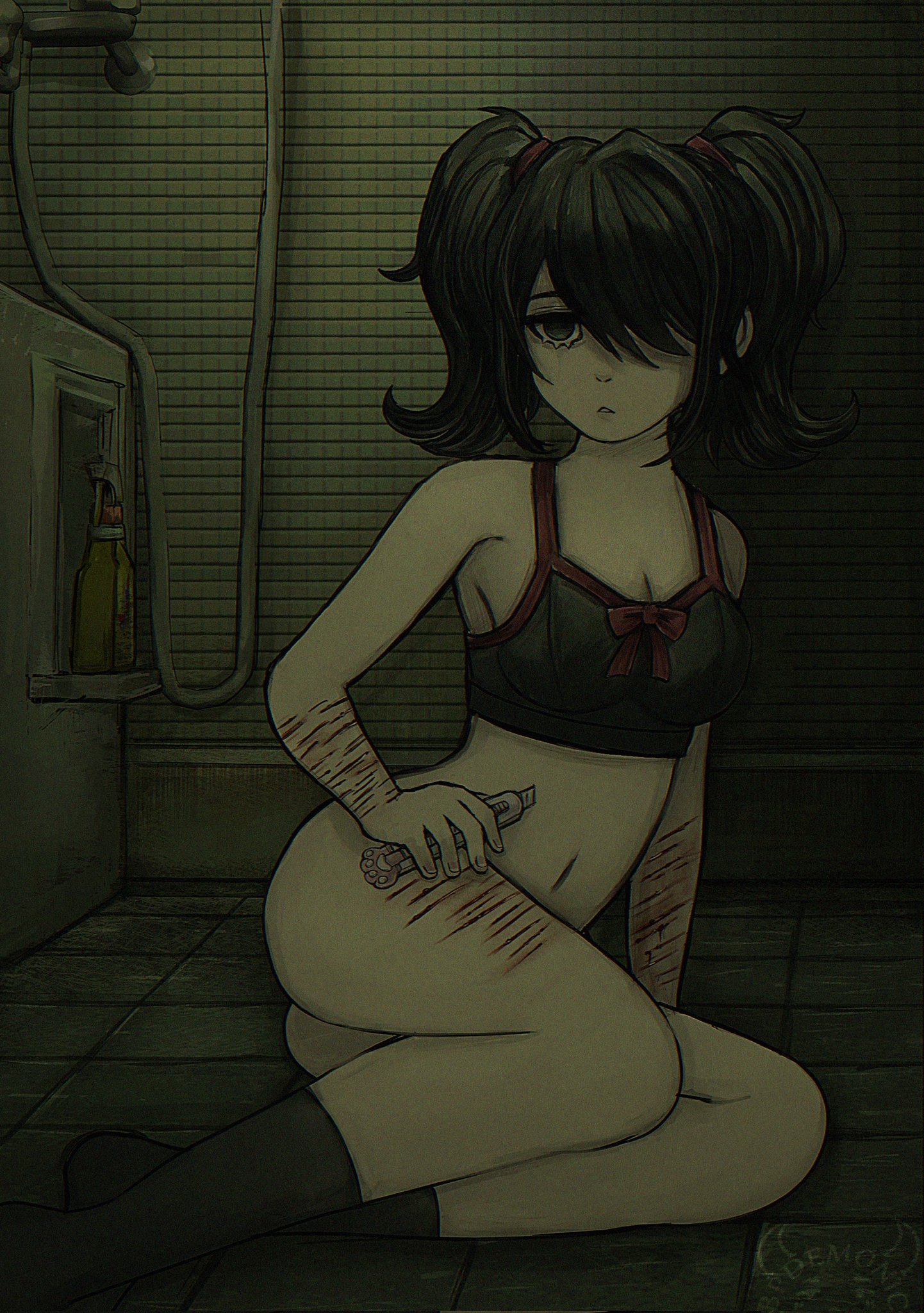 ame-chan, bottomless, box cutter, bra, dim lighting, expressionless, needy girl overdose, needy streamer overload, no panties, scars, self-harm scars, tears, thighs, watermark, yokozuwari