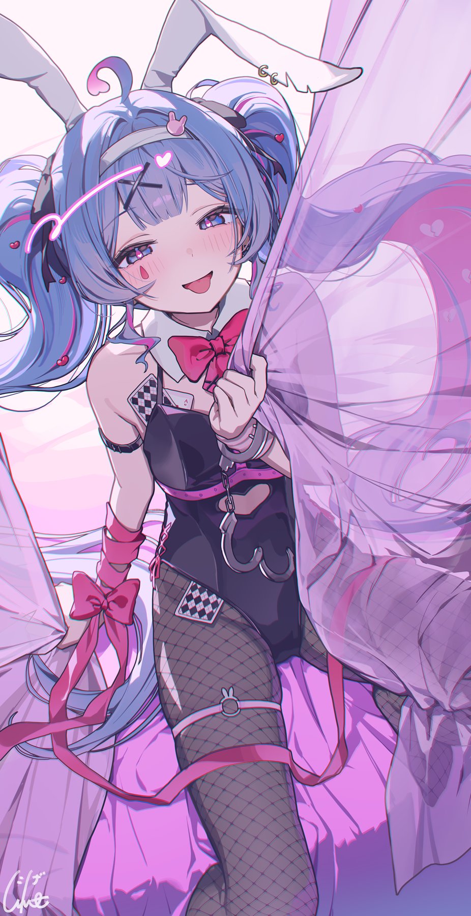 bed, blush, bowtie, bunny ears, bunny girl, bunnysuit, cards, curtains, female, female focus, female only, fishnet legwear, fishnets, handcuffs, hatsune miku, legwear, ningen mame, object between breasts, playboy bunny, rabbit hole (vocaloid), ribbon bondage, smiling, tie