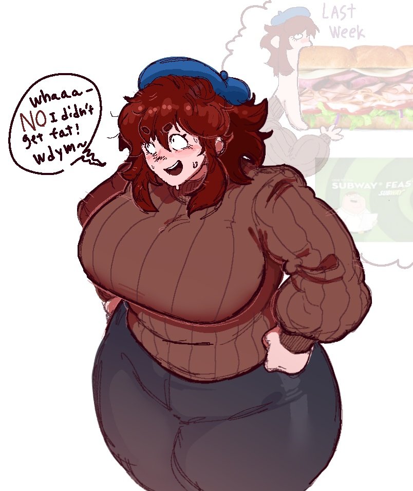 1boy, 1girls, 2020s, 2026, 2026s, auburn hair, chubby, chubby female, digital drawing (artwork), digital media (artwork), eating, family guy, friday night funkin, friday night funkin mod, funny, funny background event, girlfriend (friday night funkin), in denial, jpeg, korean nooby (artist), massacre girlfriend (friday night funkin), millie (mistful crimson morning), mistful crimson morning, no background, oc, original, peter griffin, sandwich, simple background, solo, subway (franchise), thought bubble, weight denial, white background