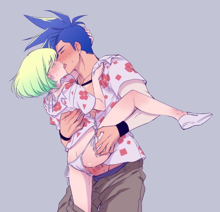 1boy, 1femboy, 2boys, 2d, 2d (artwork), anal, anal penetration, anal sex, androgynous, bikini, bikini bottom, blush, blushing, burrrntlemon, clothed, clothing, crossdressing, femboy, femboy penetrated, femboysub, feminine male, galo thymos, gay, gay sex, kissing while penetrated, lifting person, lio fotia, male, panties, petite, petite body, petite male, promare, size difference, slim, slim male, slim waist, smaller penetrated, twink, wholesome, wholesome sex, yaoi