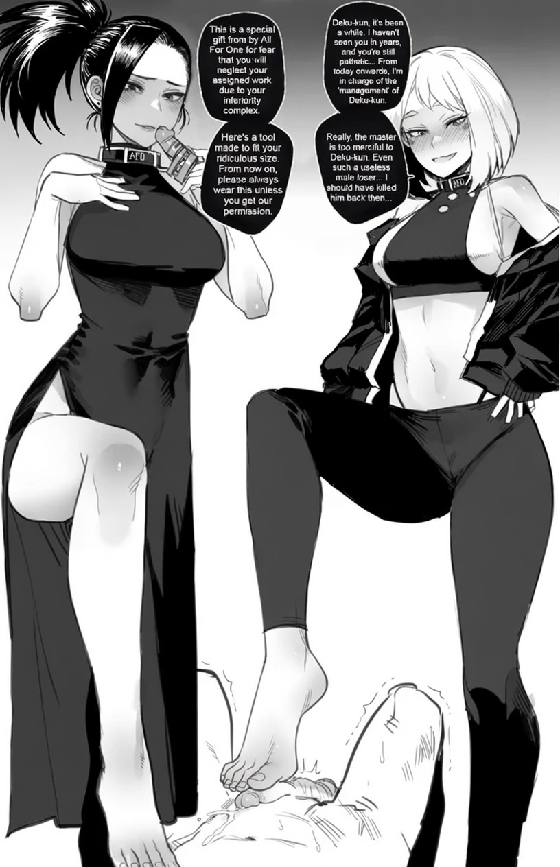 1boy, 2girls, ai generated, ass, asserting dominance, assertive, assertive female, bad end, barefoot, betrayal, big ass, breasts, chastity, chastity cage, chastity device, cooperative footjob, cumming, defeated, defeated hero, defeated male, denki anma, dialogue, dominant, dominant female, domination, dress, dubious consent, edited, feet, female, femdom, foot domination, foot fetish, foot focus, foot slave, footjob, greyscale, huge breasts, human, humiliation, imminent rape, izuku midoriya, light skin, light-skinned female, light-skinned male, male, male chastity, malesub, momo yaoyorozu, monochrome, mr.skull, my hero academia, ochako uraraka, penis, ratatatat74, ruined orgasm, small penis, small penis humiliation, standing footjob, stepped on, stepping on penis, submissive male, tagme, teamwork, teamwork (sexual), text, thick thighs, trample, trampled penis, trampling, villain, villainess, villainess on hero, weak, weak male