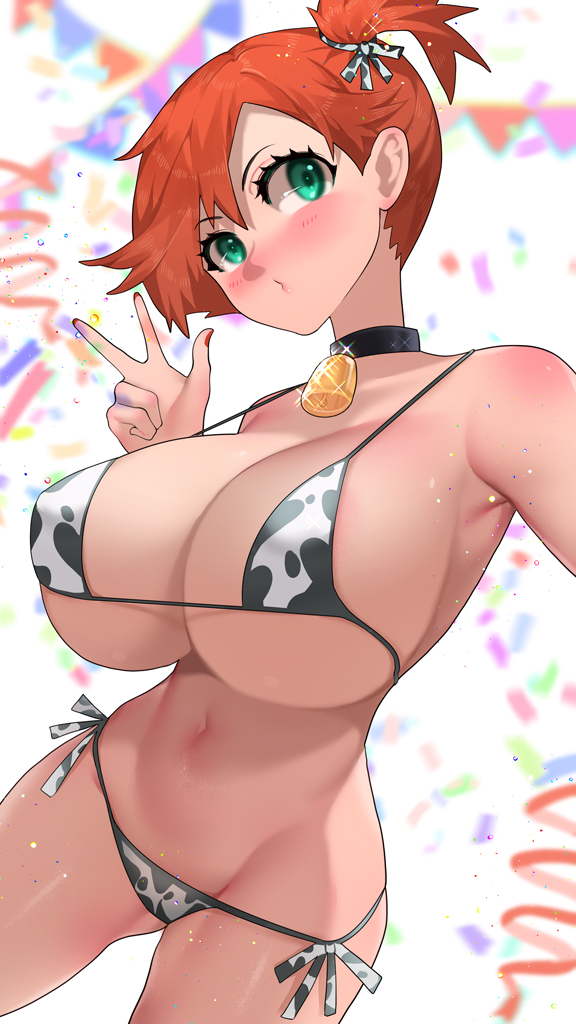 alternate breast size, animal print, arm up, big breasts, bikini, blush, breasts, choker, cleavage, commentary, confetti, cow print, creatures (company), female, game freak, grey eyes, higher resolution available, highres, huge breasts, human, kasumi (pokemon), large breasts, looking at viewer, makeup, misty (pokemon), nintendo, orange hair, pokemon, pokemon (anime), pokemon (game), pokemon rgby, print bikini, red hair, solo, sumisumii, swimsuit, v