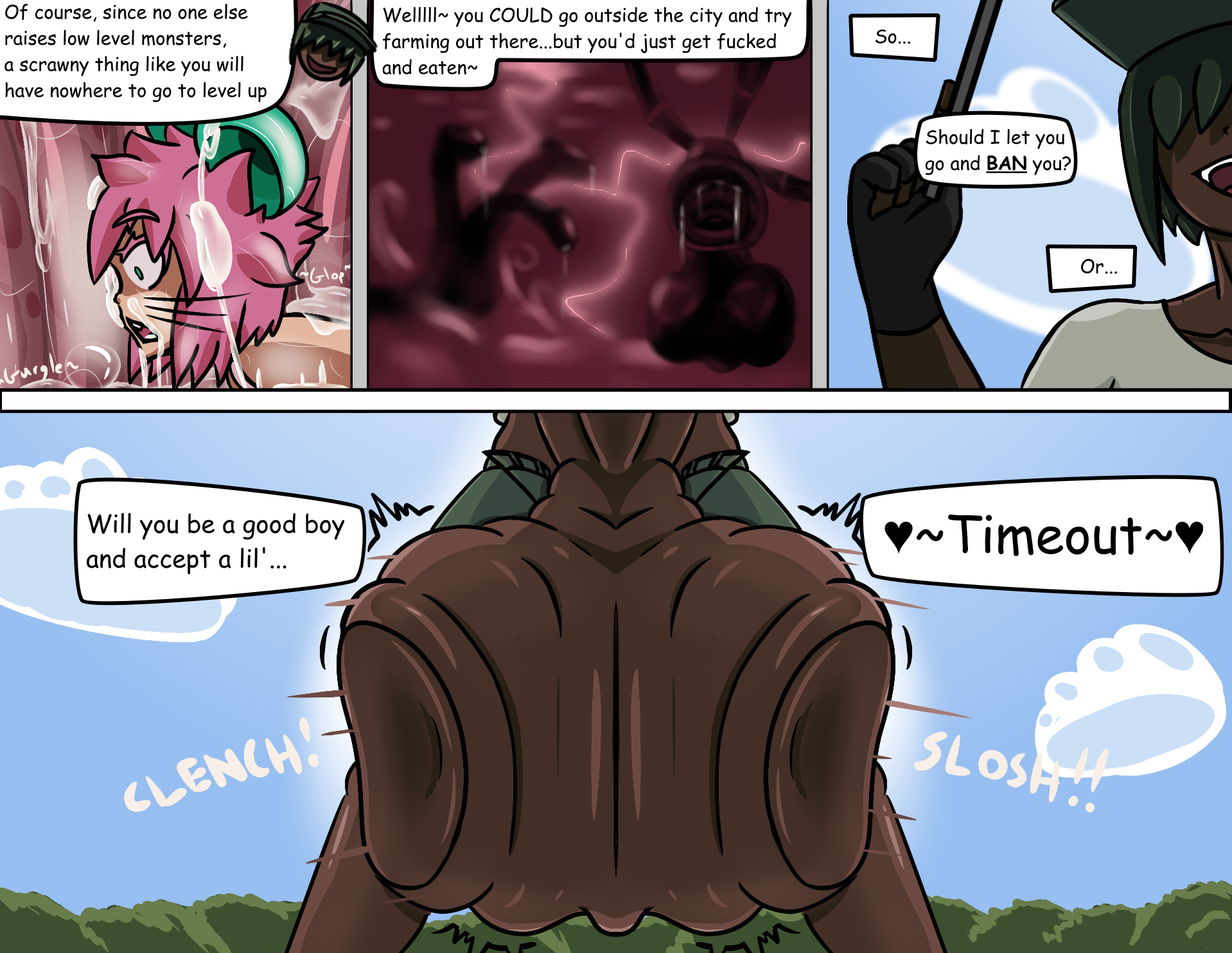 animal humanoid, ball clench, blackmail, bodily fluids, bottomwear, clothing, cock vore, comic, cum, cum vore, dark body, dark skin, dialogue, digestion, excessive cum, excessive genital fluids, excessive genital fuid, fingerless gloves, forced, futanari, genital fluids, genitals, gloves, green bottomwear, green clothing, green hair, green hat, green headwear, green shorts, hair, handwear, hat, headgear, headwear, herm, hi res, human, human pred, humanoid, humanoid genitalia, intersex, intersex/male, male, mammal, mammal humanoid, maw (mawgapen), mawgapen, mouse humanoid, murid, murid humanoid, murine, murine humanoid, outside, park (mawgapen), penile, penis, pink hair, rodent, rodent humanoid, shirt, shorts, tablet, topwear, unwilling prey, vore, white clothing, white shirt, white topwear