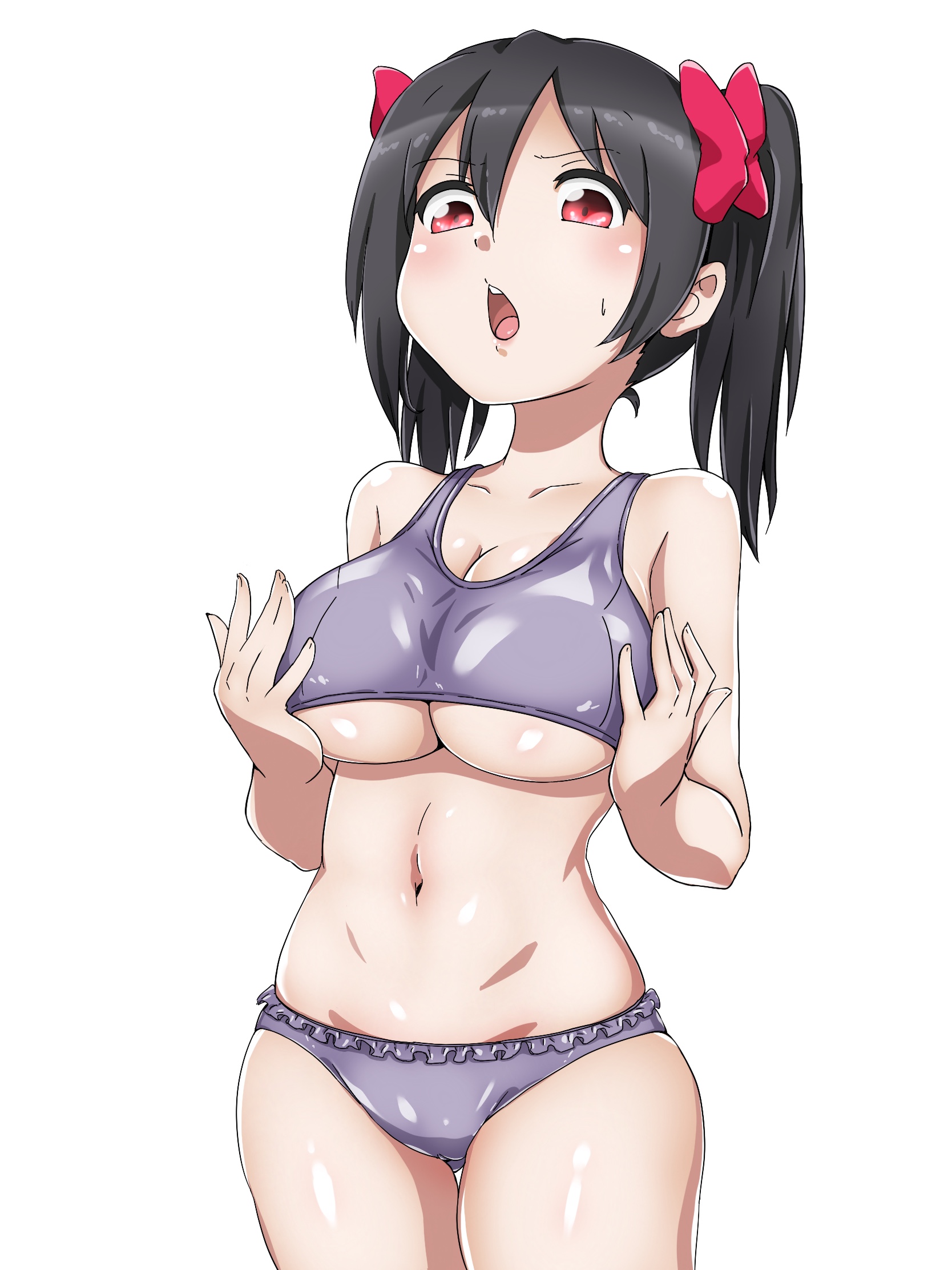 1girls, big breasts, black hair, bow, breast expansion, breast growth, breast growth (enlargement), breasts, exposed shoulders, exposed stomach, female, female only, love live!, love live! school idol project, panties, pussy, red eyes, sports bra, thighs, twintails, uzumi (uzumi yosi), vagina, yazawa nico